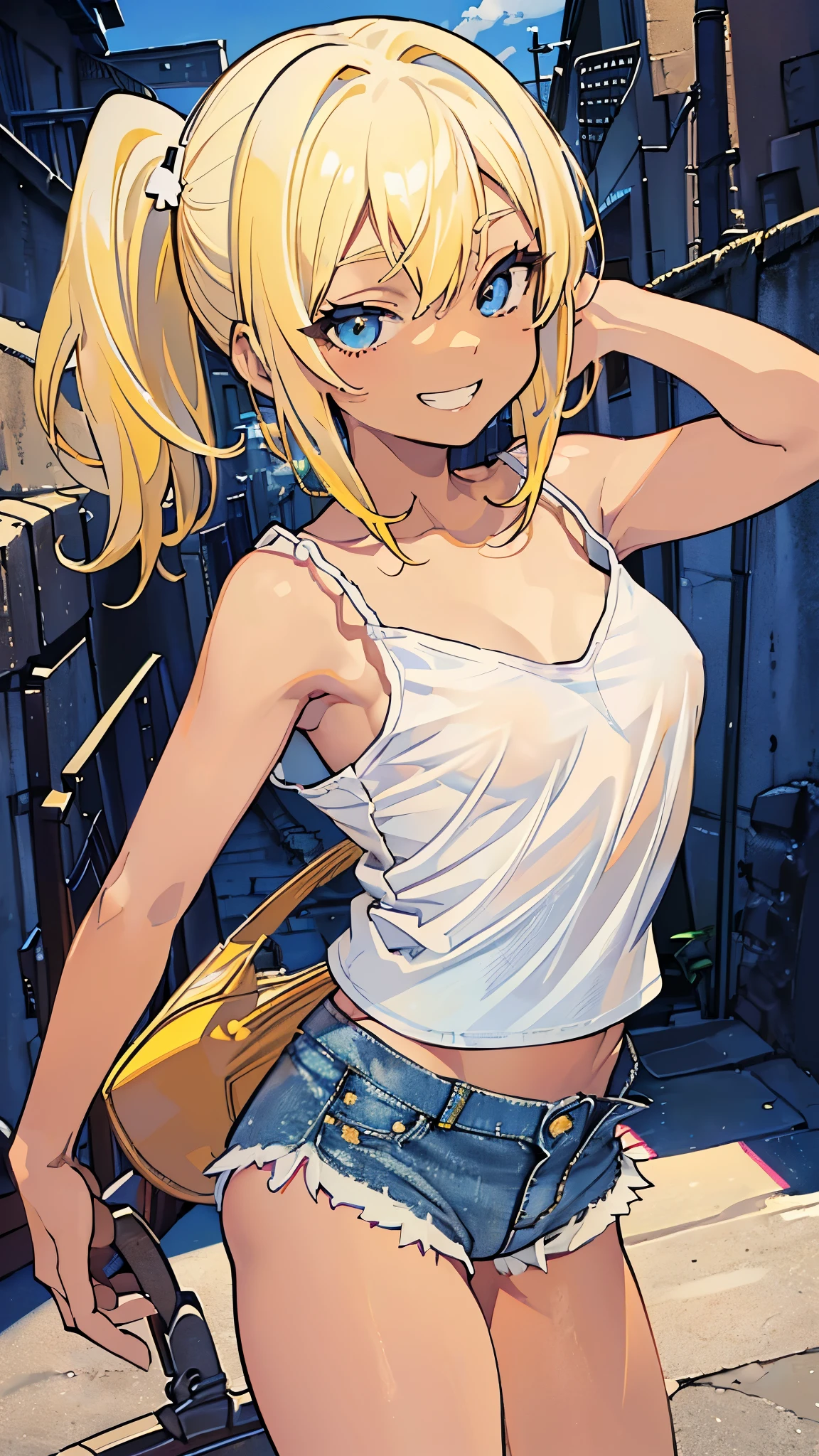 (masterpiece、highest quality、Super detailed)、((detailed face))、one 、((yellow hair))、side ponytail、((brown skin:1.2))、light blue eyes、evil smile、((grin))、((small breasts))、((white camisole:1.3))、((open front hook denim short shorts:1.2))、cowboy shot、((back alley background))、((nsfw))
