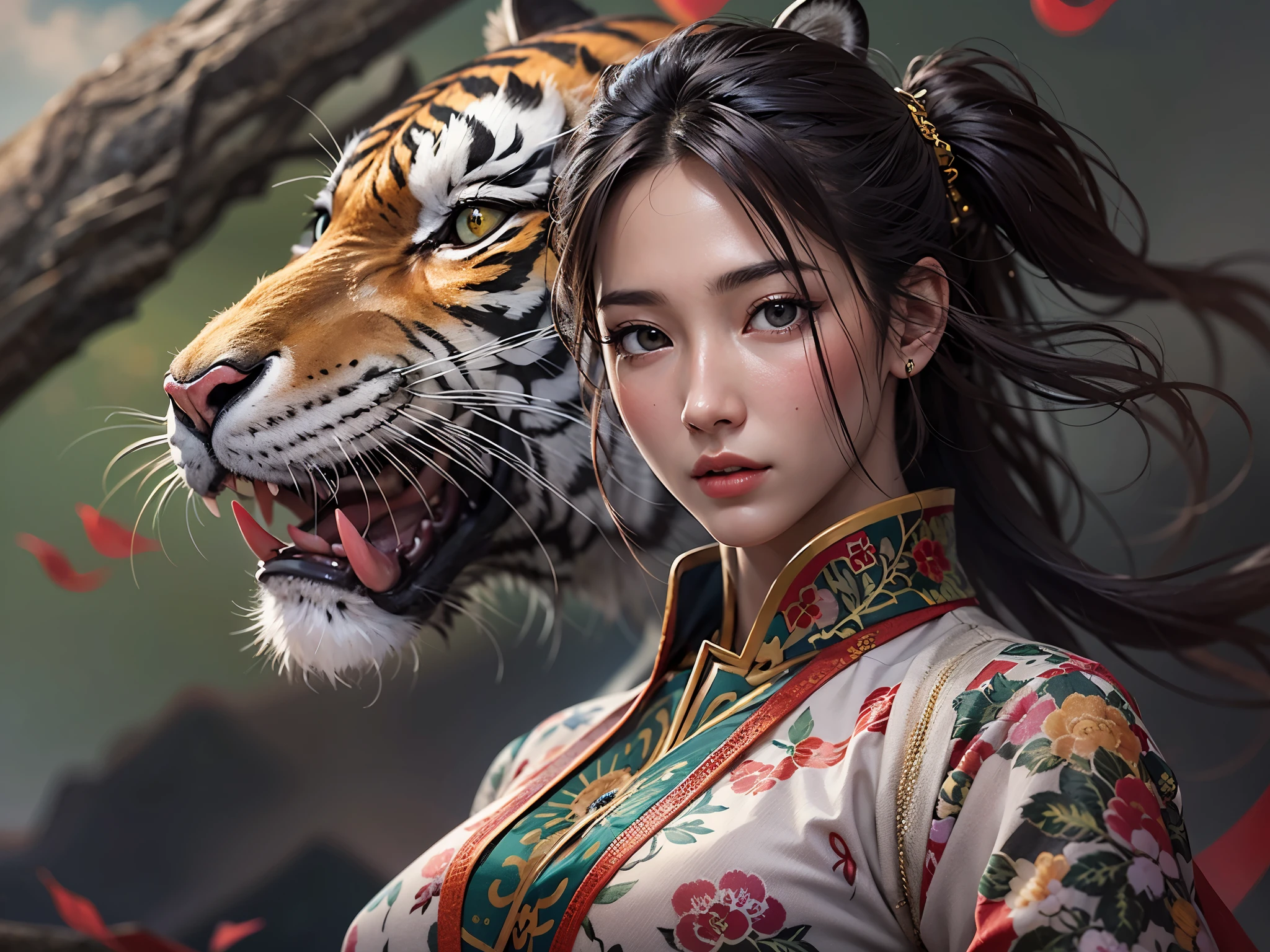 Best quality, super high resolution, (realism: 1.4), (1man:1), hanfu, melon seed face, smile, (((face close-up))), (aegyo sal:1), (light brown short ponytail: 1.2), ((puby eyes)), (super detailed CG Unity 8k wallpaper, masterpiece, stunning illustration), jungle with tiger