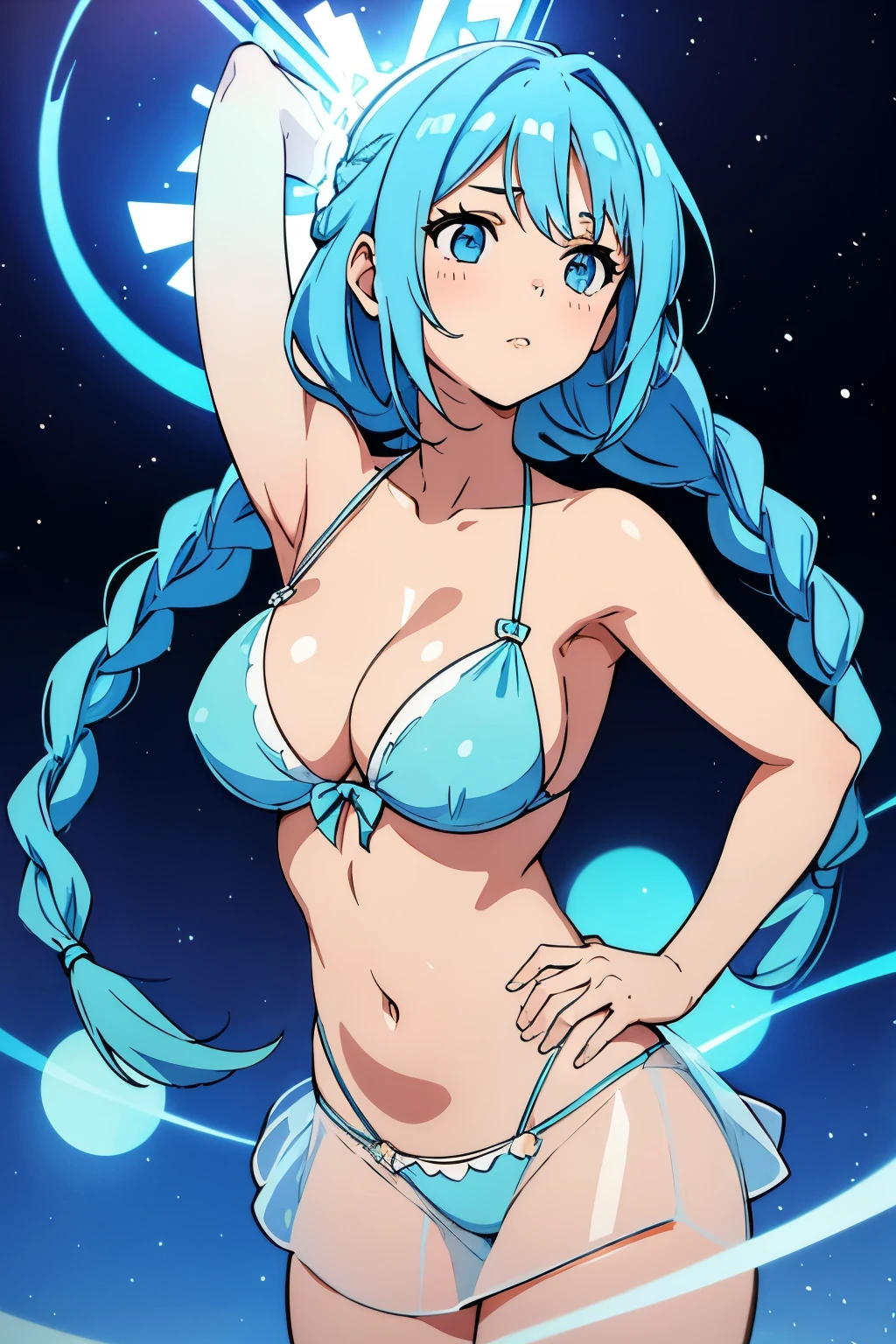 Cute girl, Light blue hair with big braids, hair tie, round breasts, transparent dress, bikini 