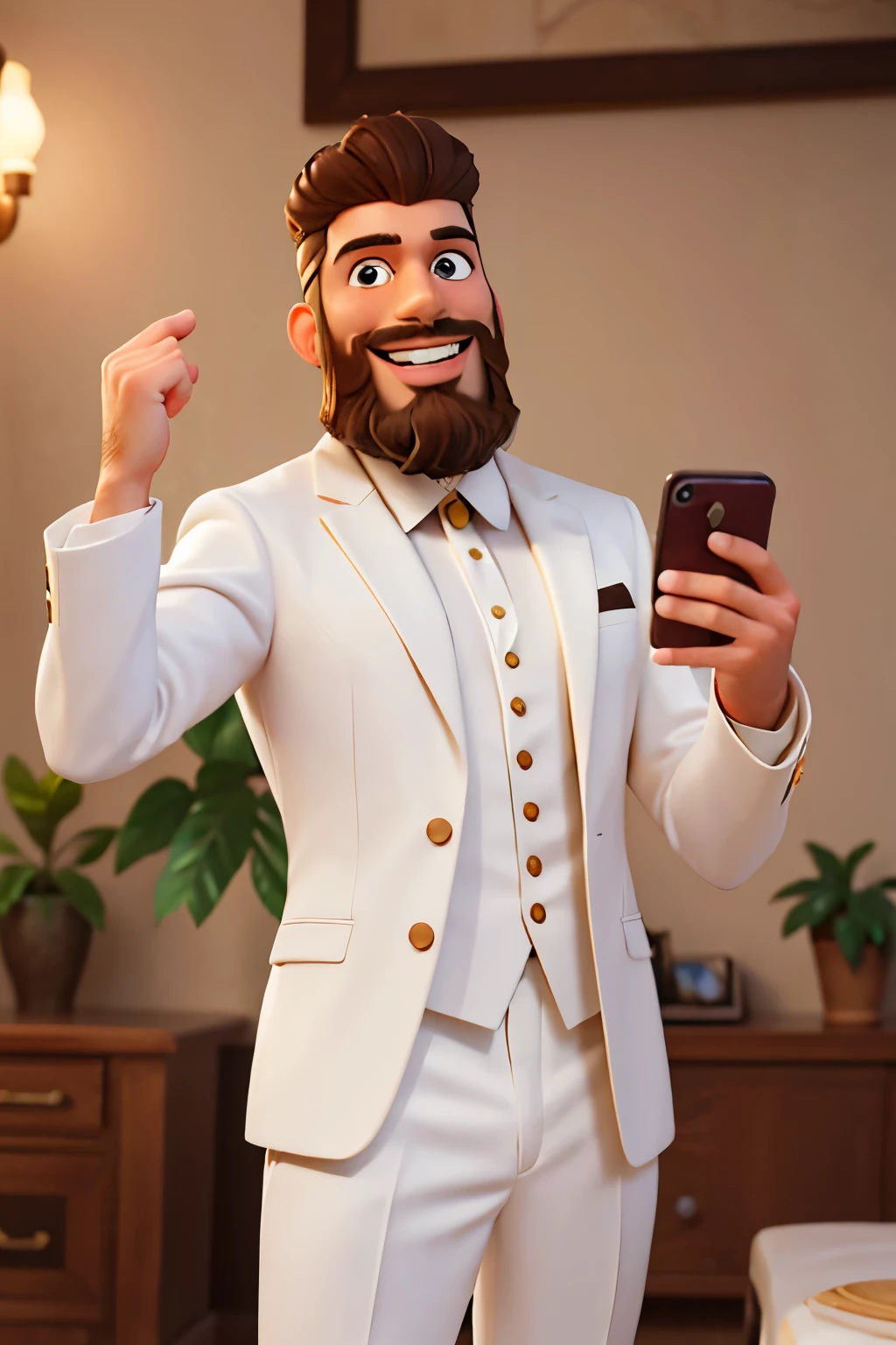 masterpiece, best quality,a man with a beard,with a bright smile on his face,Caesar Andrade Faini,clean background,white suit,victorious expression,big eyes,Brown beard,brown hair,Look down at your phone