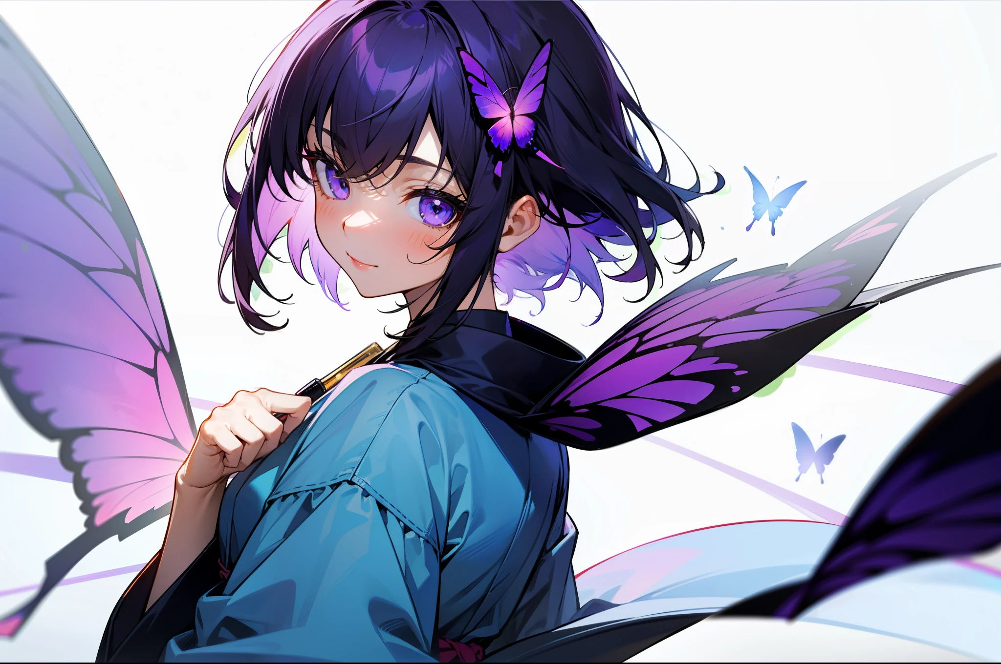 rating:safe, 1girl, hair_ornament, solo, looking_at_viewer, smile, purple_eyes, upper_body, bangs, parted_bangs, open_clothes, lips, kochou_shinobu, japanese_clothes, closed_mouth, jacket, ryougi_shiki, butterfly_hair_ornament, short_hair, simple_background, looking_back