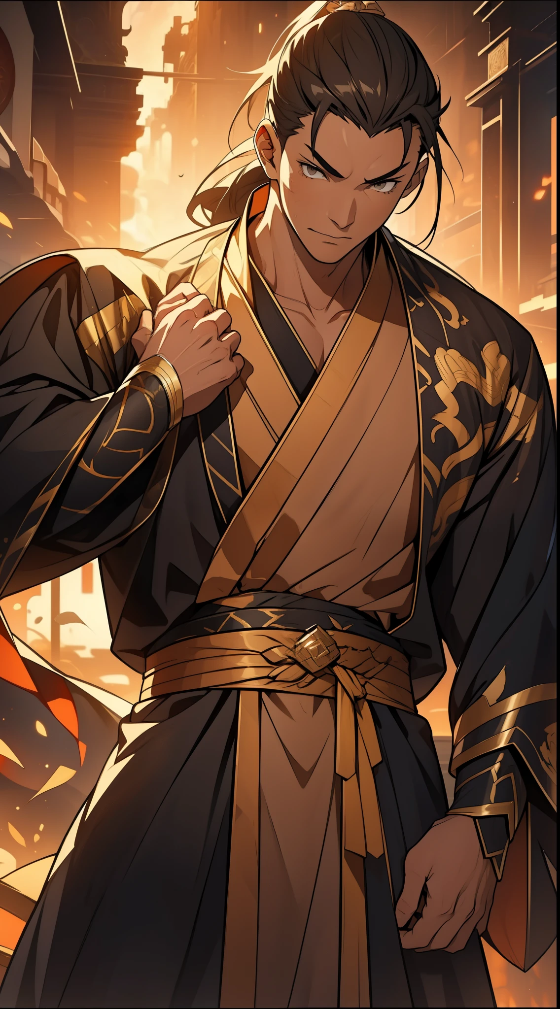 Two dimensions,anime style,one person(male warrior),proportions are correct,facial details,swordsman,high ponytail hairstyle,neck detail,Have an Adam's apple,Black and gold robe,joke,Black and gold robe,clothing details,Hand over,long sleeves,Game quality,fencing,Ray tracing,Ray tracing,Detailed glow,CG rendering,hair details,Long black and blond hair,Black-gold eyes,Handsome,Handsome,(Youthful feeling),Costumes are complicated,Perfect composition,refine,high quality,higher details,many details,Complex background,a sense of atmosphere,