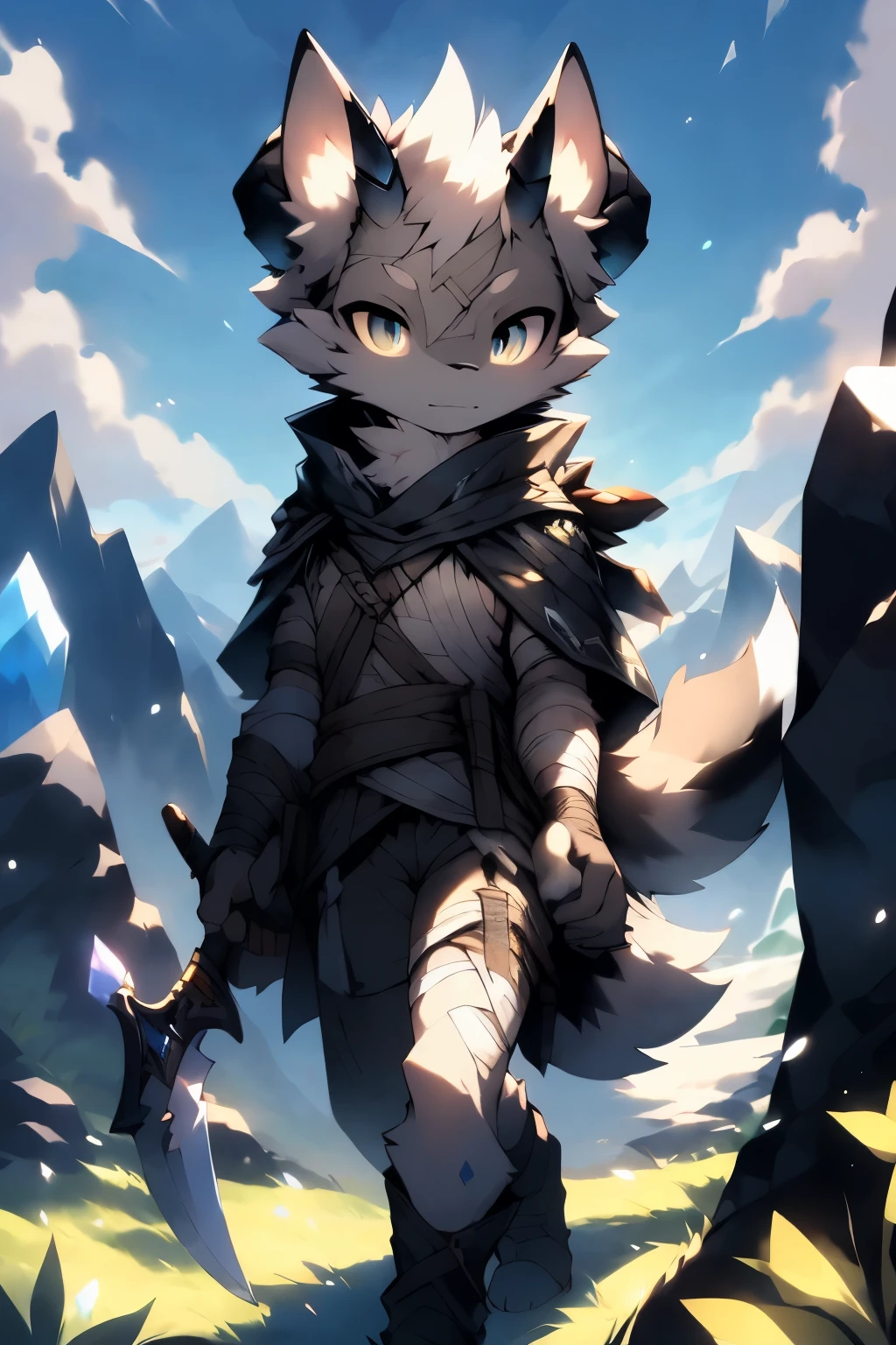 gray fox,cute,dagger,crystal-like short horn,cloak,confident,daytime,meadow,snowy mountains,sky,unique patterns,accessory at waist,bandages and golden patterns on the scabbard,black cloak,walking towards the snowy mountains)
