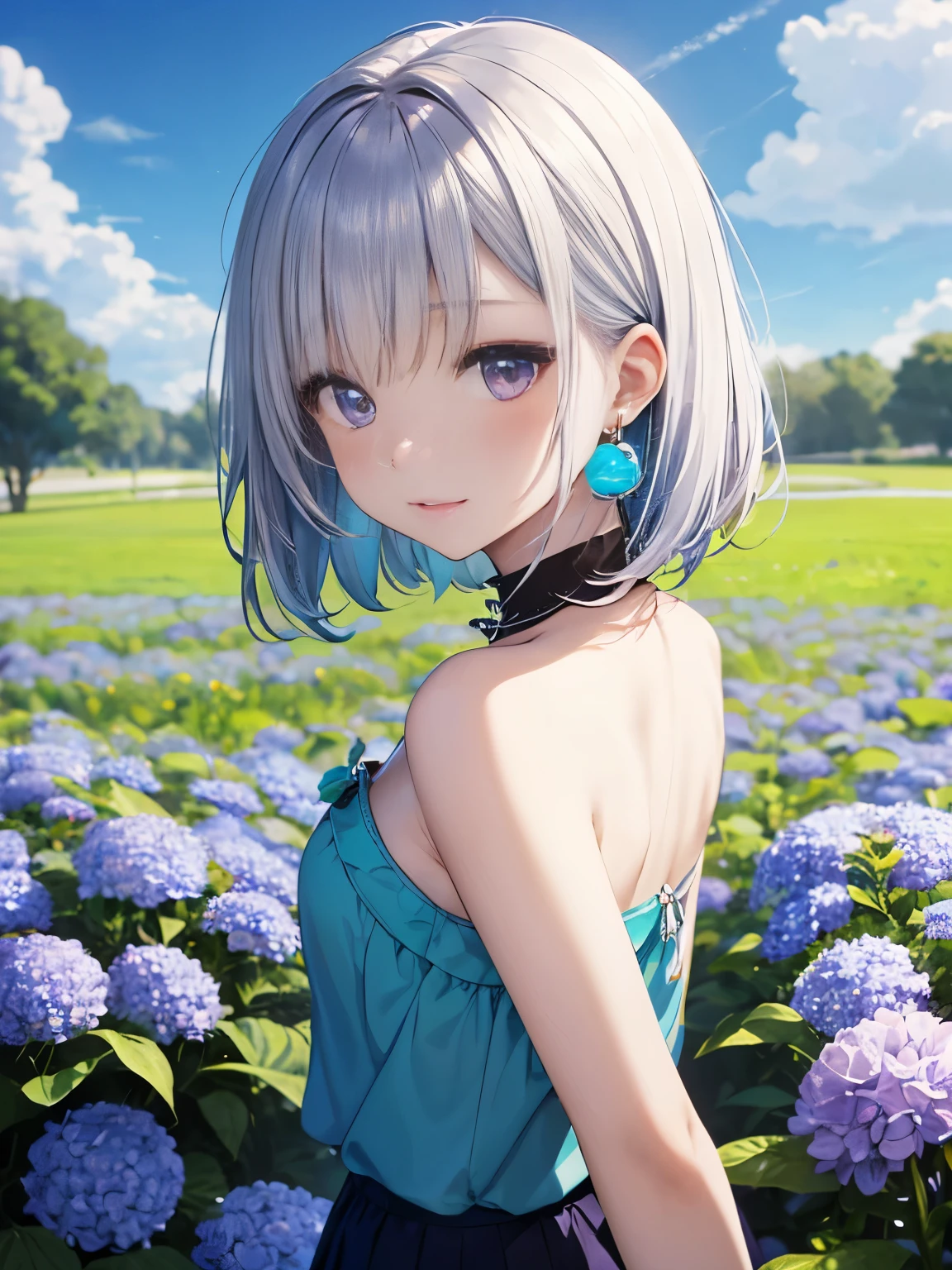 The arrival of spring、 (solo:1.5,)super detailed,bright colors, very beautiful detailed anime face and eyes, Look straight, ;D, shiny_skin,girl, ((purple eyes))、bangs、((arrange bangs))、short bob、bluish hair、((silver blue color hair))、Crisp eyes、、shiny hair, delicate beautiful face, blush、(turquoise eyes), White skin, Barrette, earrings,、blue flower field、Tube top、mini skirt、