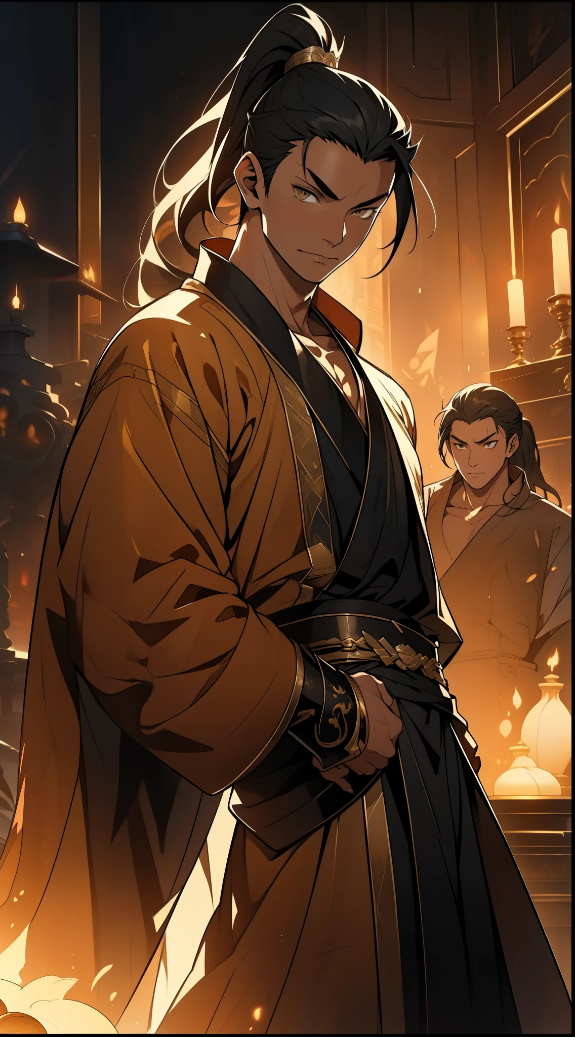 Two dimensions,anime style,one person(male warrior),proportions are correct,facial details,swordsman,high ponytail hairstyle,neck detail,Have an Adam's apple,Black and gold robe,joke,Black and gold robe,clothing details,Hand over,long sleeves,Game quality,fencing,Ray tracing,Ray tracing,Detailed glow,CG rendering,hair details,Long black and blond hair,Black-gold eyes,Handsome,Handsome,(Youthful feeling),Costumes are complicated,Perfect composition,refine,high quality,higher details,many details,Complex background,a sense of atmosphere,