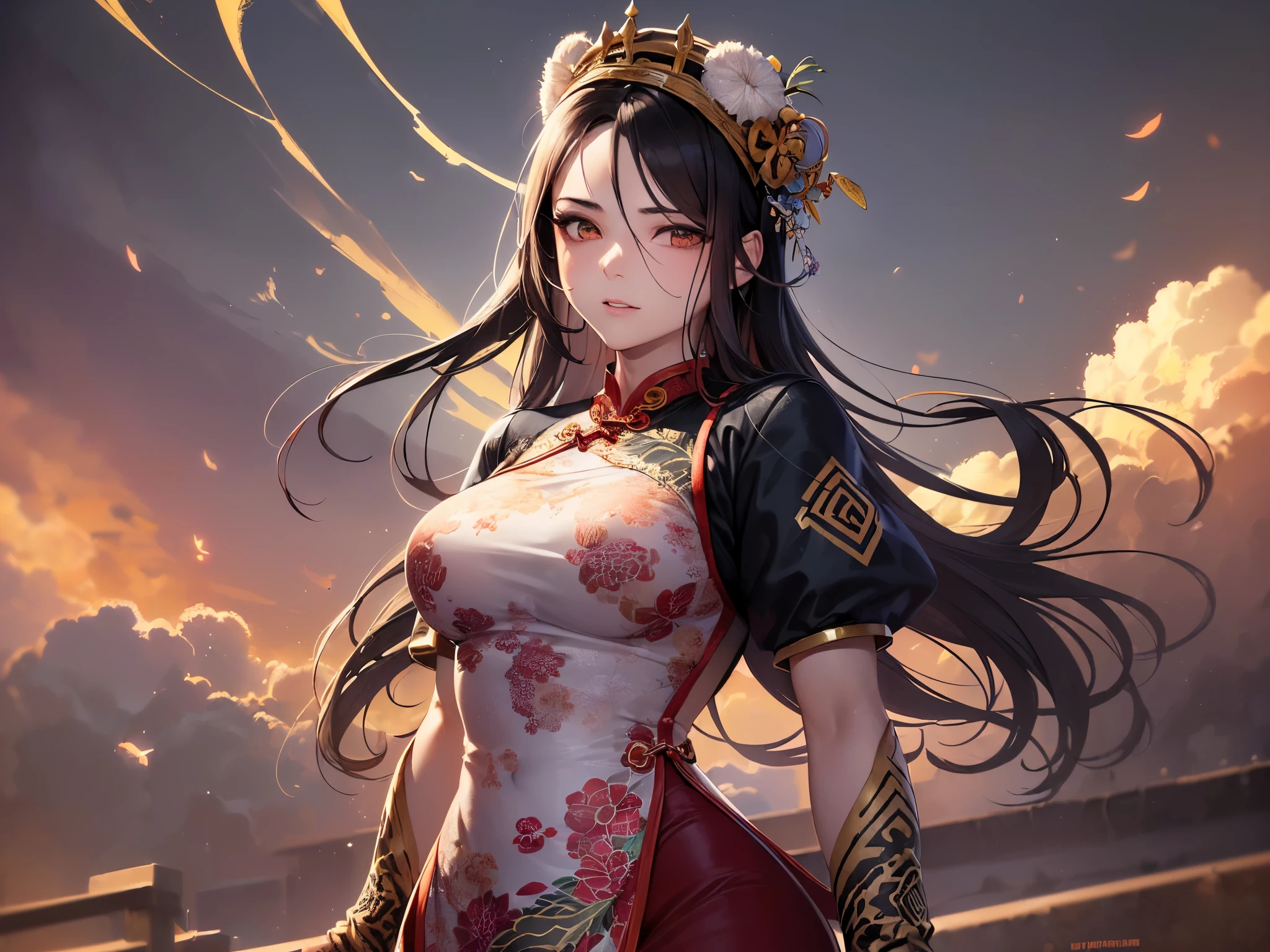 ((highest quality)),(ultra high resolution),(Super detailed),(detailed description),((best CG)),(best work of art),super precision art,amazing drawing art,(Art with precise details:1.5), (female martial artist:1.6),(beautiful and well-shaped face:1.8),(A detailed and detailed cheongsam dress:1.7,tiger pattern:1.5), Dark clouds gather and lightning cuts through the sky。