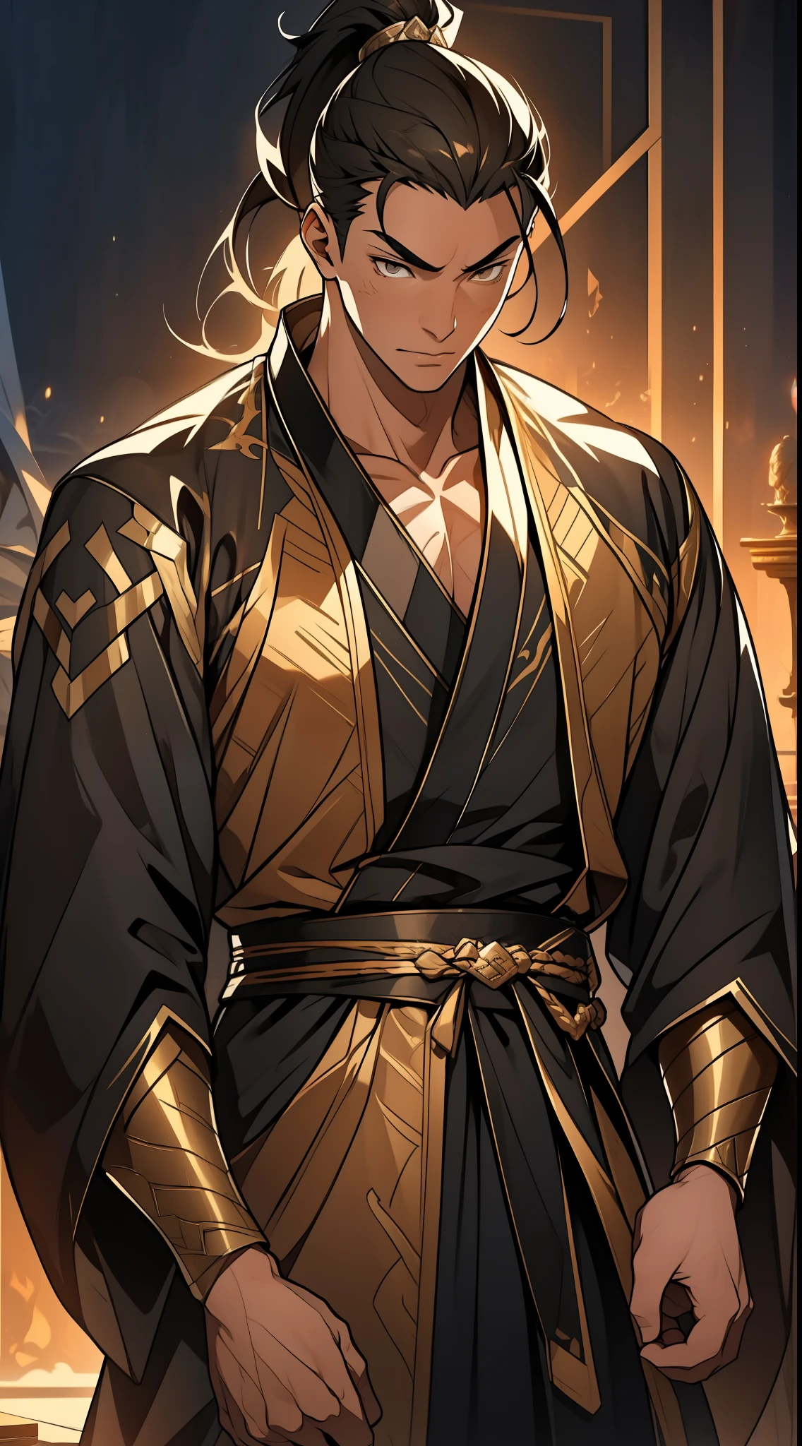 one person(male warrior),proportions are correct,facial details,swordsman,high ponytail hairstyle,neck detail,Have an Adam's apple,Black and gold robe,joke,Black and gold robe,clothing details,Hand over,long sleeves,Game quality,fencing,Ray tracing,Ray tracing,Detailed glow,CG rendering,hair details,Long black and blond hair,Black-gold eyes,Handsome,Handsome,(Youthful feeling),Costumes are complicated,Perfect composition,refine,high quality,higher details,many details,Complex background,a sense of atmosphere,