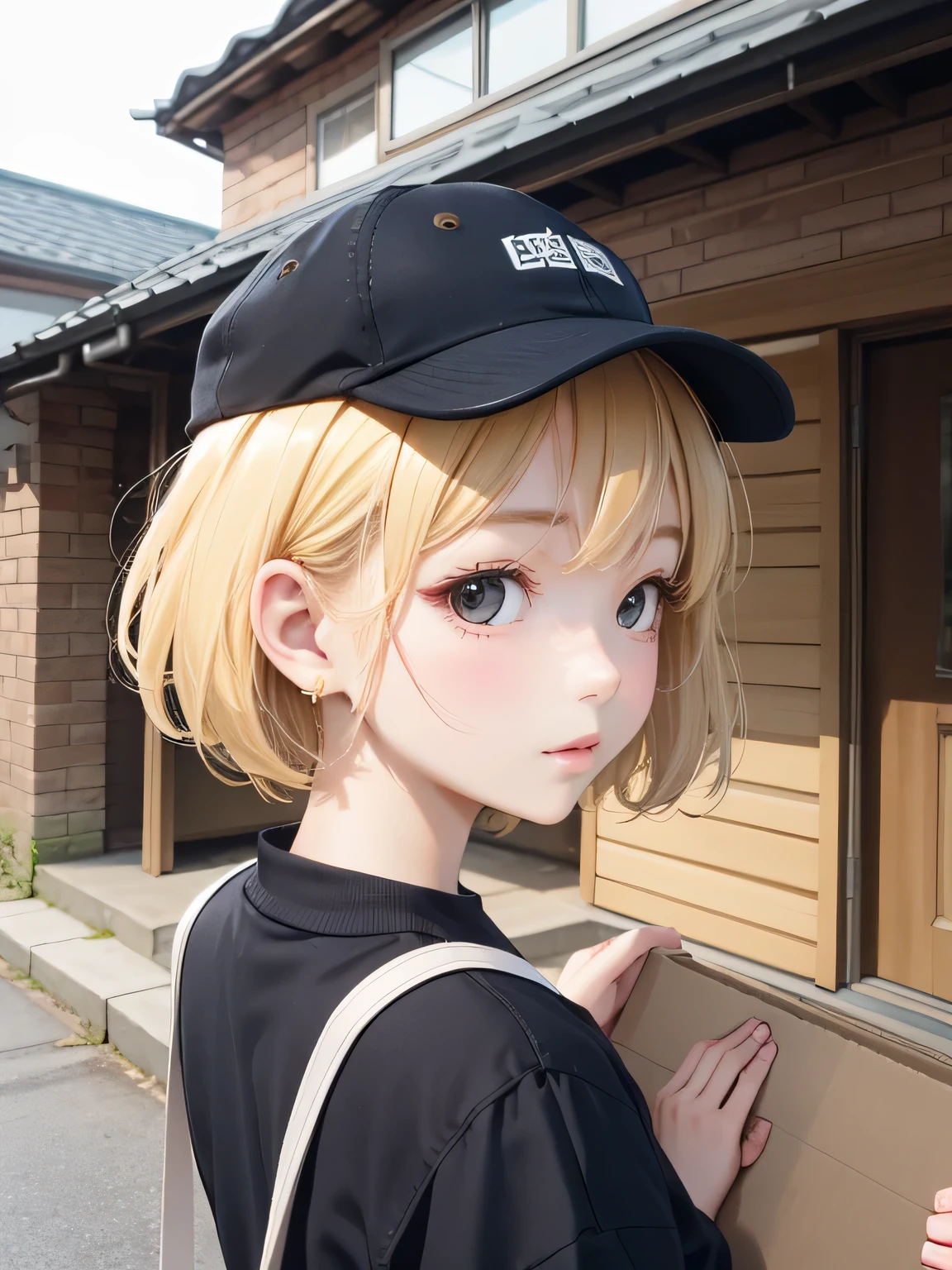 close up of face、blonde、short hair、girl1、Rear view、close up of face、Look at this、Wear a hat、Carry cardboard、Entrance to the house