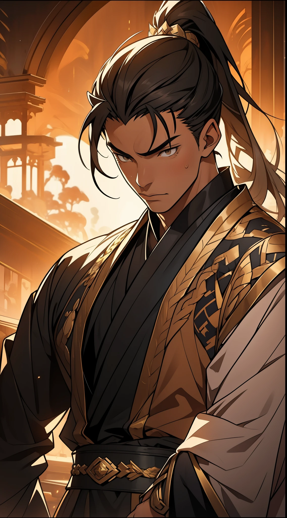 one person(male warrior),proportions are correct,facial details,swordsman,high ponytail hairstyle,neck detail,Have an Adam's apple,Black and gold robe,joke,Black and gold robe,clothing details,Hand over,long sleeves,Game quality,fencing,Ray tracing,Ray tracing,Detailed glow,CG rendering,hair details,Long black and blond hair,Black-gold eyes,Handsome,Handsome,(Youthful feeling),Costumes are complicated,Perfect composition,refine,high quality,higher details,many details,Complex background,a sense of atmosphere,