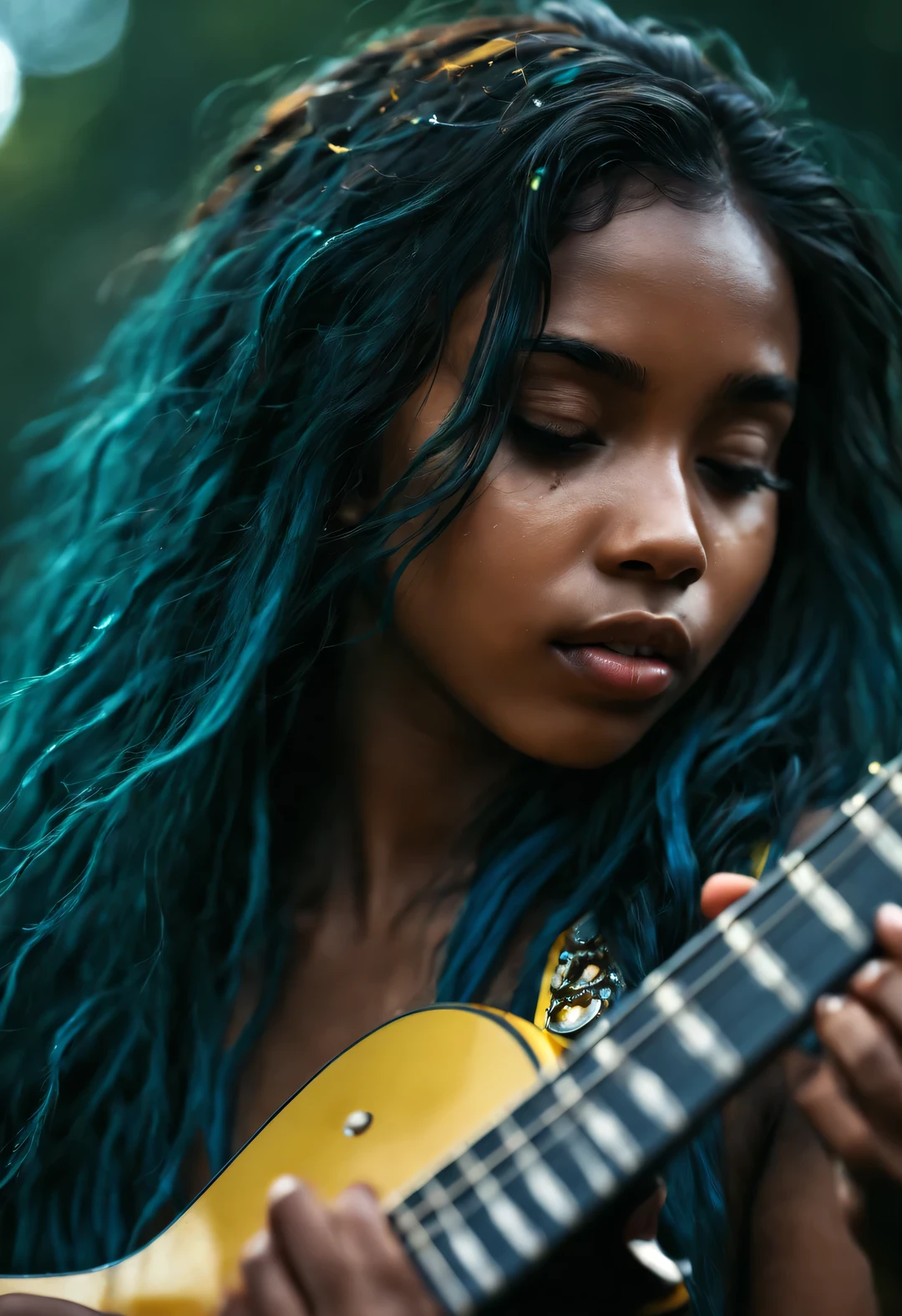 outer boundary, from below, Bokeh, Sony FE General Manager, ultra high definition, masterpiece, precise, textured skin, Ultra-detailed, high detail, high quality, Award-winning, best quality, high resolution, 16k,Tears of heaven falling on super long haired messy black girl playing guitar. close-up, low angle, Dynamic composition and dramatic lighting, beautiful, dark blue, turquoise, blue, yellow
