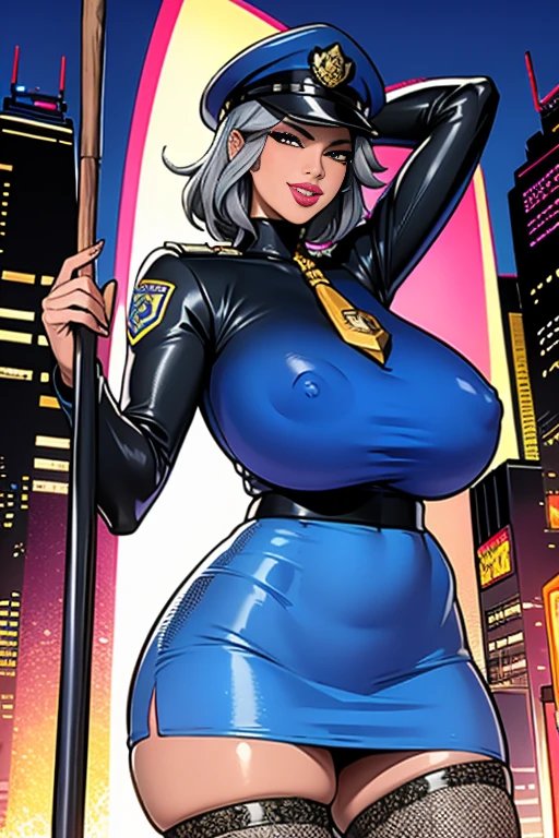 (best quality:1.6), HDR,realistic,16K,1080P,RTX4090 Titan,intricate detailed,high resolution,natural lighting,1woman,sunglasses,ebony skin,light smile,Solo,arrogant,thick lips,pink lipstick,long eyelashes,pink eye-shadow,golden ratio body,high waist,((long legs:1.2)),F-Cup breasts,huge cleavage,slim waist,wide hips,big buttocks,bubble butt,juicy ass,cameltoe,(Detailed face),tattoo,ear pendants, jewelry,Cyberpunk city,crowded street,((Police uniform,police hat,blue short skirt,black fishnet stockings:1.3)),silver hair,curly hair,short hair,wet clothes,hard nipple,standing on the street,sunlight,dynamic pose,((upper body shot:1.1))