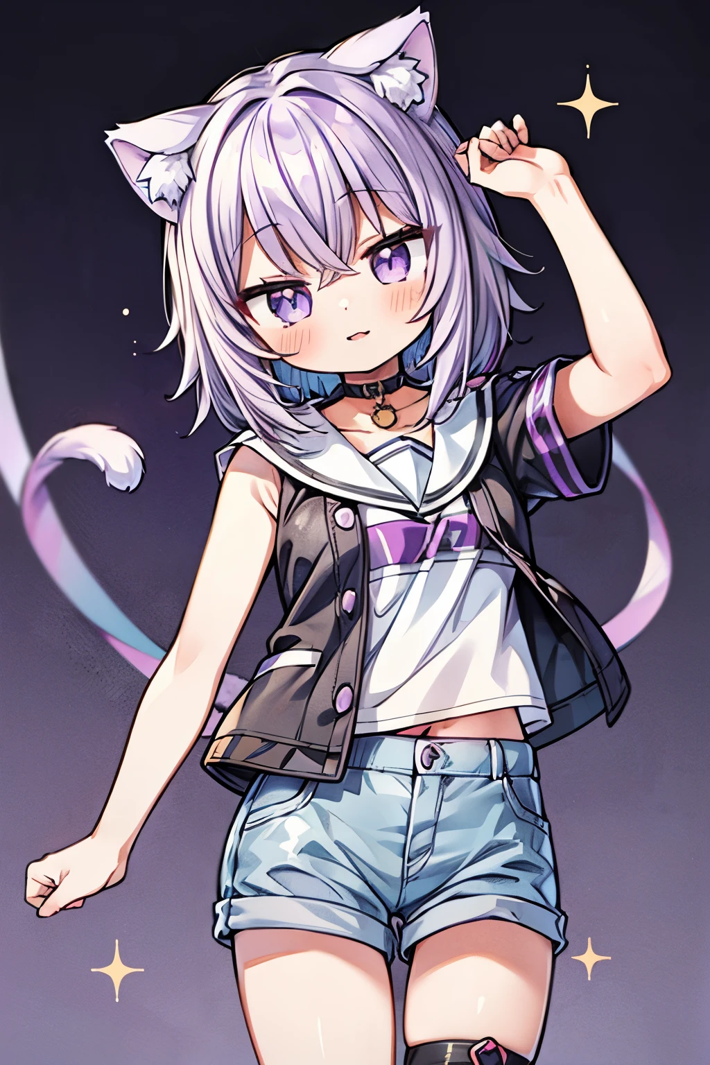 ((Nekomata okayu)), ((Masterpiece)), (Anime:1.5), ((best quality)), (Professional Photography:1.3), (High Definition), (RAW photo:1.2), cat ears, 1girl, solo, profile, (Glossy lips), innocent smile, idol posing, denim shorts, choker, paint splatter, (audio spectrum background:1.3), looking at viewer, armband, thigh strap, paint on body, head tilt, bored, pale purple hair, (sparkle eyes),