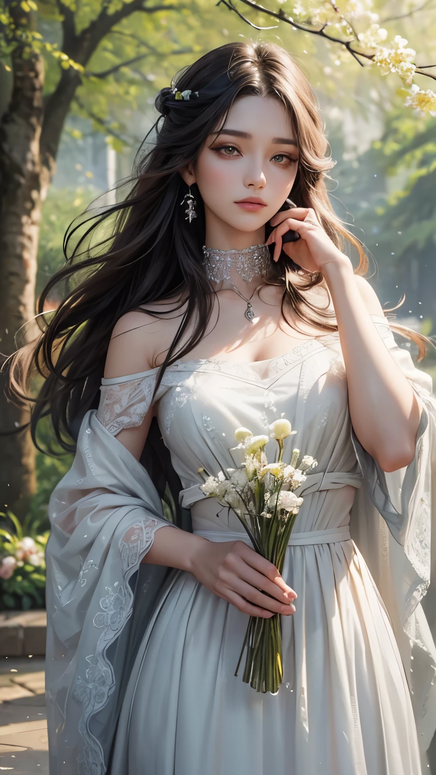 A girl with choker,necklace,long hair,pierced ears,beautiful detailed eyes,beautiful detailed lips,extremely detailed eyes and face,longeyelashes,delicate makeup,natural beauty,stylish haircut,confident expression,fashionable attire,standing in a garden surrounded by blooming flowers and lush greenery,soft sunlight filtering through the branches,subtle shadows playing on her face,impeccable sense of style and elegance,medium:oil painting,on canvas,ultra-detailed and realistic depiction,masterpiece:1.2,HDR effect,vibrant and vivid colors,soft and warm color palette,stunning contrast between light and dark,subtle bokeh effect,creating a dreamy and enchanting atmosphere.