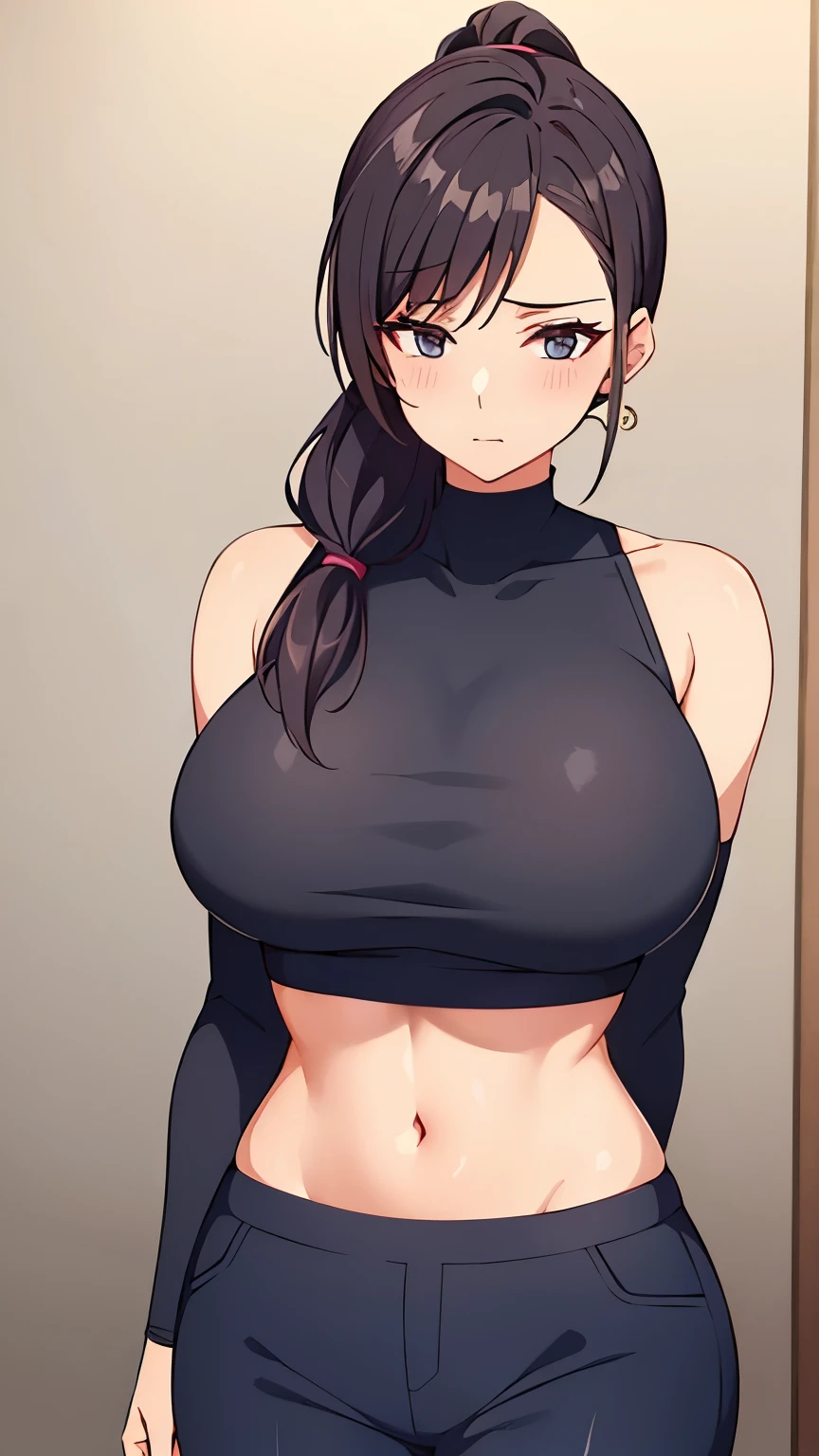 1 milf, ponytail hair, wearing crop top, shy