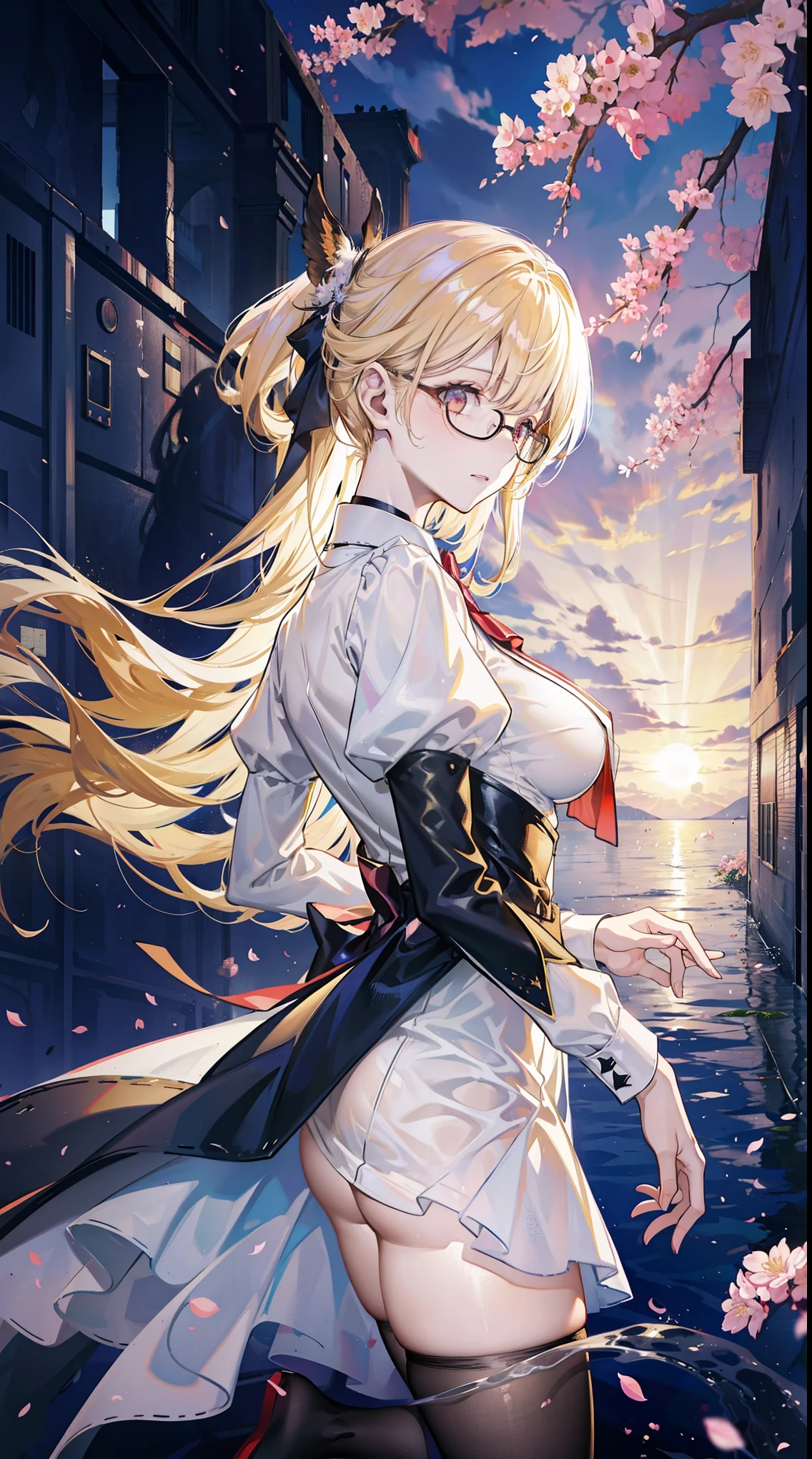 Young and beautiful Katherine Newton, Glasses, white dress shirt, Great neckline, black mini dress, dark tights, high balance, surreal, , model body, big breasts, beautiful breasts, big butt, long hair, Ponytail - horse, blonde hair, long legs, 8k, futuristic city, Cherry blossoms, sunrise, LED lighting, There is blood on the wall, pool of blood, filled with human remains, Detailed reflection, anime style, sad