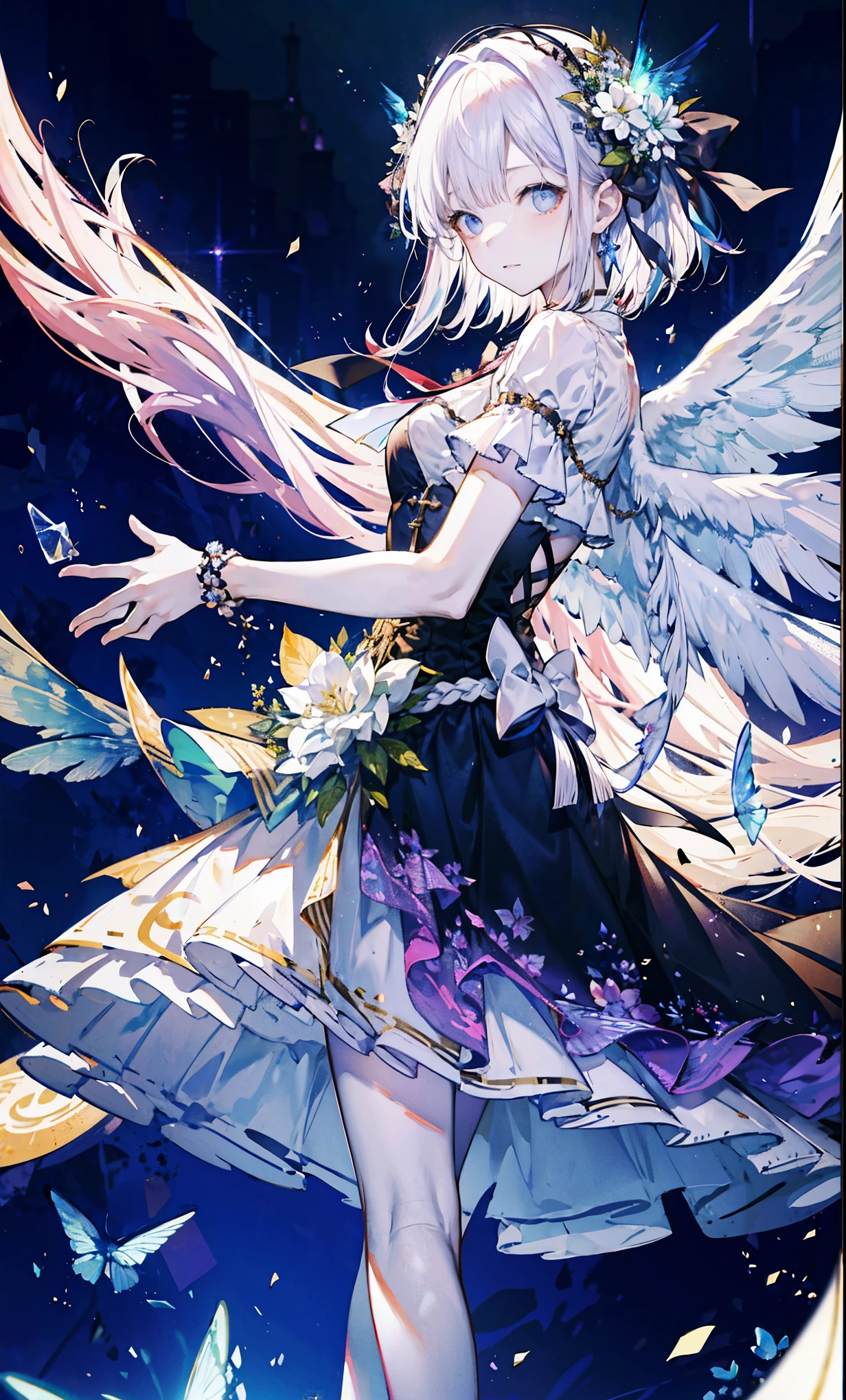 The angel is depicted with a pale and glowing color.、It has heterochromatic eyes.、Its skin seems to radiate an otherworldly glow。he、Symbol of divine nature、Decorated with a pair of shining beautiful wings。This scene is really fantastic and fascinating.、它捕捉了這些天體的美麗和mystery。godlike angel、pale、glow、color、shine、out of this world、brilliance、shine、beautiful、wingspan、sanctity、beautiful、charming、a beauty、mystery。
