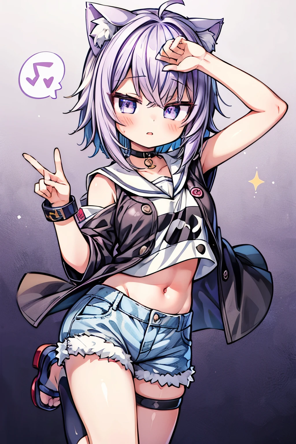 ((Nekomata okayu)), ((Masterpiece)), (Anime:1.5), ((best quality)), (Professional Photography:1.3), (High Definition), (RAW photo:1.2), cat ears, 1girl, solo, (Glossy lips), innocent smile, idol posing, denim shorts, choker, paint splatter, (audio spectrum background:1.3), looking at viewer, armband, thigh strap, paint on body, head tilt, bored, pale purple hair, (sparkle eyes),