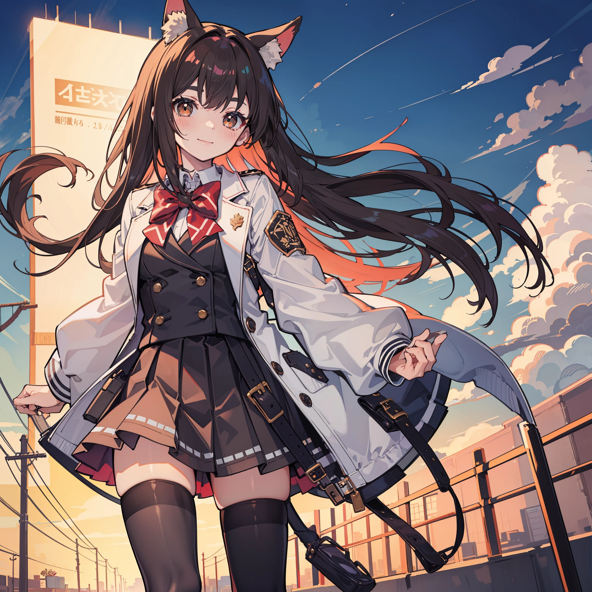 rating:safe, solo, 1girl, long_hair, thighhighs, brown_hair, smile, animal_ears, brown_eyes, blush, black_legwear, looking_at_viewer, bow, cowboy_shot, skirt, striped, jacket, white_skirt, standing, eyebrows_visible_through_hair, zettai_ryouiki, dress, shirt, closed_mouth