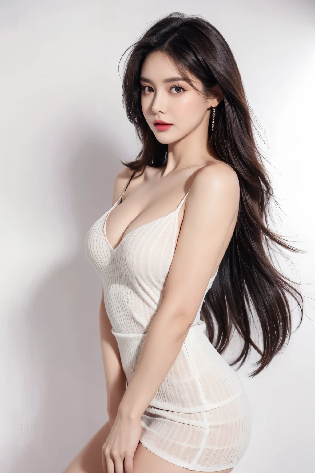 a woman, beautiful, amazing face and eyes, cosmetic, red glossy lips,,(Extremely detailed beautiful face),(best quality), (Super detailed), (Extremely detailed CG unified 8k wallpaper),original photo, Professional photography, (standing), (white background),(black hair),(big eyes),(Soft light source),(A little cleavage),(Low-cut dress),small breasts,(Photos from the waist up),shorts