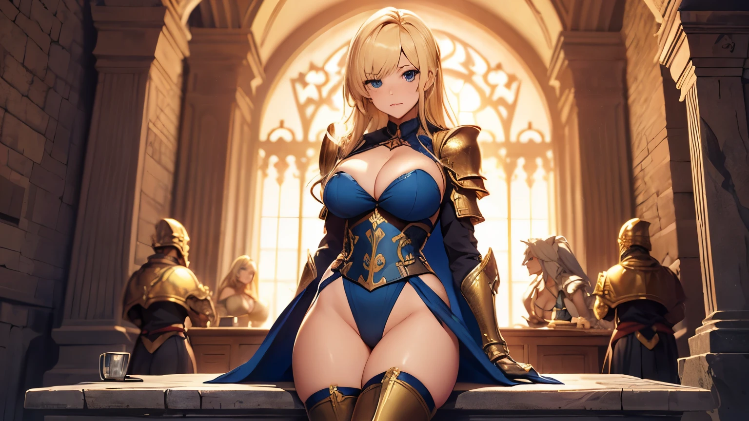 1_girl, masterpiece, high_quaity, high_res, 8k, top_on_pixiv, top_on_artstation, anime_girl, beautiful_girl, ultrabeautiful, (((blonde)))+++, (((deep_blue_eyes)))+++, ((in_medieval_castle))++, (((sitting_on_stone_table)))+++, ((knight_girl))++, (partially_armored)+, (shoulder_pads)+, (bracers)+, (greaveesh_chainmail_underwear))++, ((covered_by_flag))++, ((blue_flag))++, ((standing_goldel_lion_on blue_flag))++, ((standing_golden_lion_coat_of_arms))++, (looking_at_viewer)+, (seductive_face)+, (gorgeous_beautiful_delicate_face_traits)+, (hourglass_figure_body_shape)+, (thin_waist)+. (hot_body)+, (long_toned_legs)+, ((perfectly_toned_body))++, (tall)+, (colossal_enhanced_breasts)+, (gigantic_breasts_cleavage)+, ((voluptuous_curves))++, ((bubble-butt))++, (perfectly_round_and_firm_curves)+, sexy, ultrasexy. midjourney_anime_style, sakimichan_style, cutesexyrobbuts.