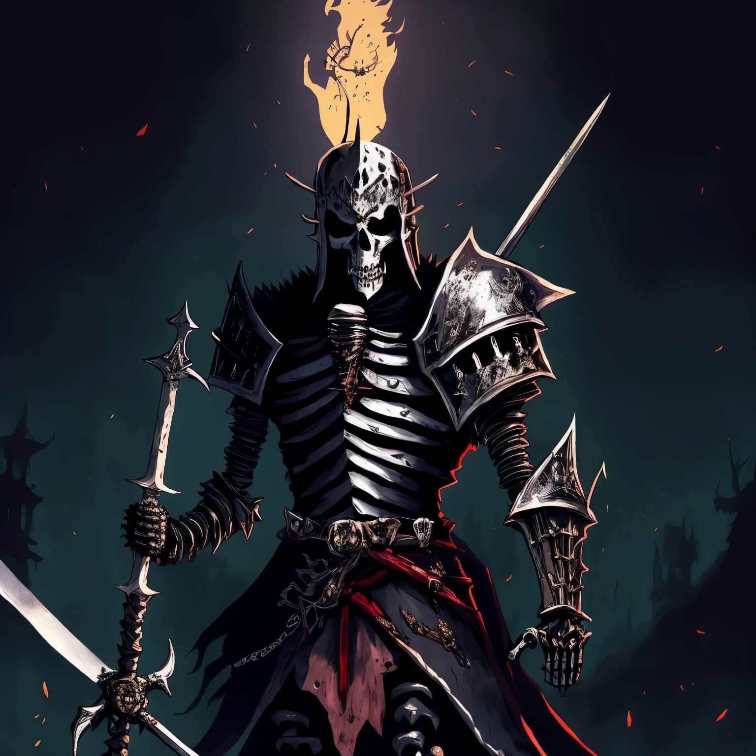 there is a skeleton standing in front of a tall pole with a sword, skeleton knight, dark souls art style, undead knight, skeleton warrior, skeleton king, fallen knight, dark souls style, in style of dark souls 3, death vally, ( ( ( skeleton ) ) ), badass composition, inspired by Victor Mosquera, demon slayer artstyle, scary knight