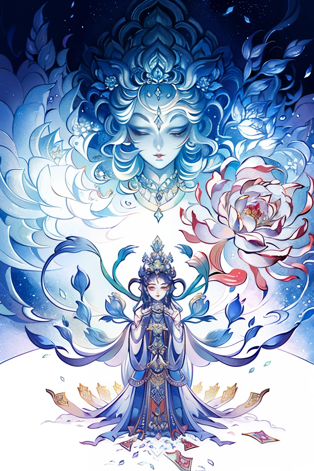 I would like an exquisitely detailed digital artwork of a tranquil guardian deity, representing the enchanting month of June. The revered entity should bear a serene visage and be located amidst lush symbols of its allure, such as the radiant blossoms of roses and the lively verdure of the season. The lighting in the masterpiece should emanate from the front, meticulously highlighting the deity's enchanting features and showcasing the intricate intricacies and intriguing textures of the artwork. The photograph-like depiction will be rendered in breathtaking high definition, accentuating every minute detail with vibrant and lif