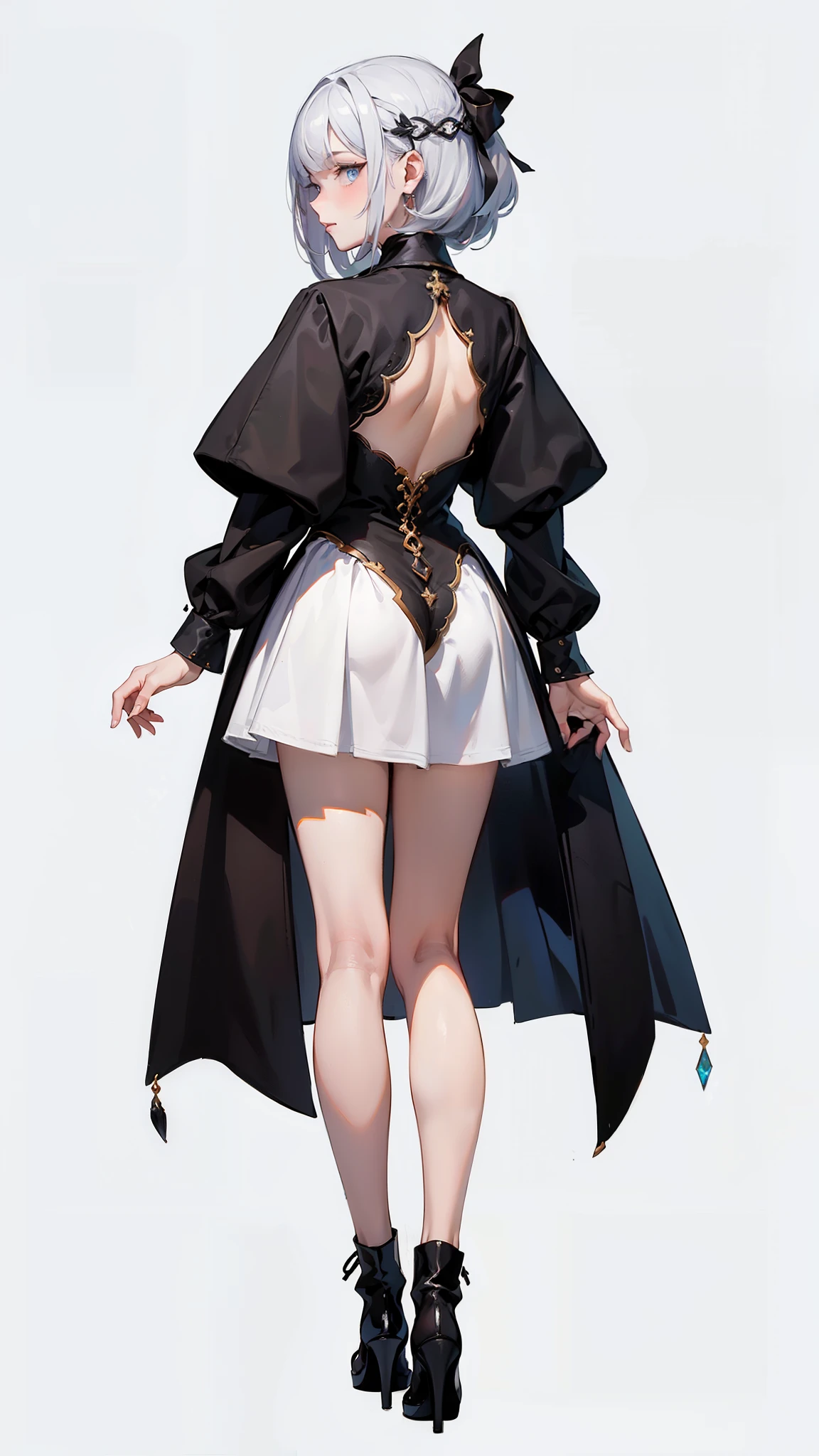 ((Masterpiece)), (highest quality))), (Character design sheet, national costume, same character, front, side, back), illustration, 1 girl, full body, silver hair, eye hair, beautiful eyes, princess cut, environmental change scene, short skirt, shyness, woman, girl, standing, goth , V-tuber, chartaan betarola, (simple background, white background: 1.3) ( Masterpiece:1.2), (Best Quality:1.3)