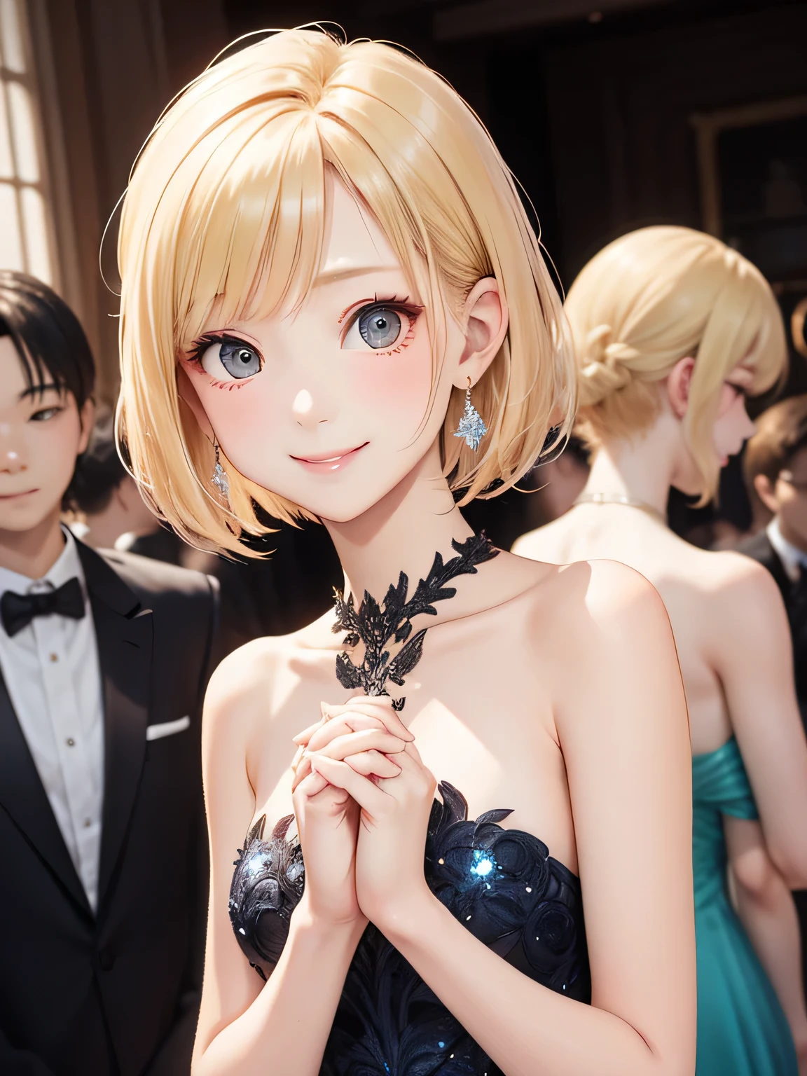 close up of face、smile、blonde、short hair、girl1、hold hands、prom dress