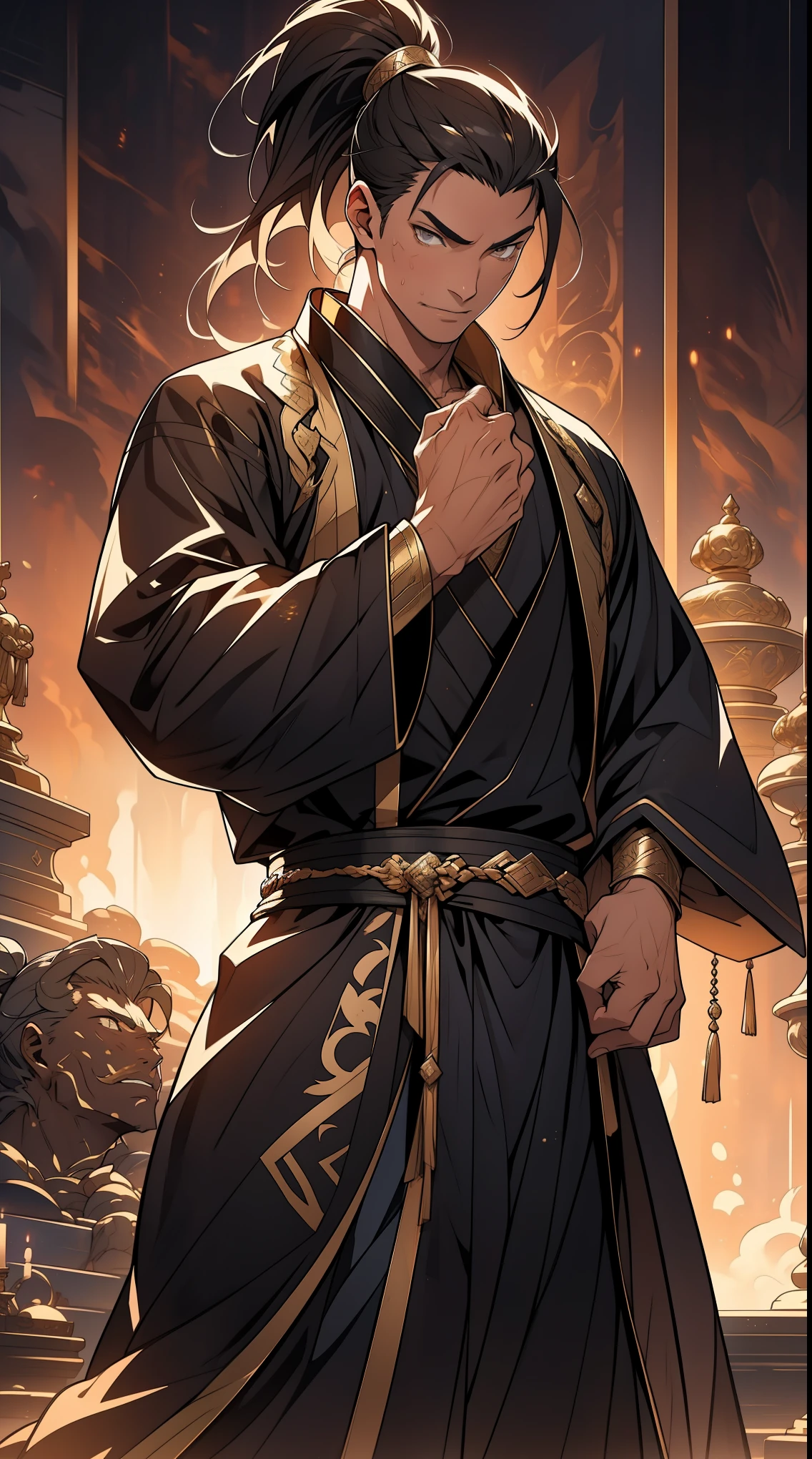 one person(male warrior),proportions are correct,facial details,swordsman,high ponytail hairstyle,neck detail,Have an Adam's apple,Black and gold robe,joke,Black and gold robe,clothing details,Hand over,long sleeves,Game quality,fencing,Ray tracing,Ray tracing,Detailed glow,CG rendering,hair details,Long black and blond hair,Black-gold eyes,Handsome,Handsome,(Youthful feeling),Costumes are complicated,Perfect composition,refine,high quality,higher details,many details,Complex background,a sense of atmosphere,