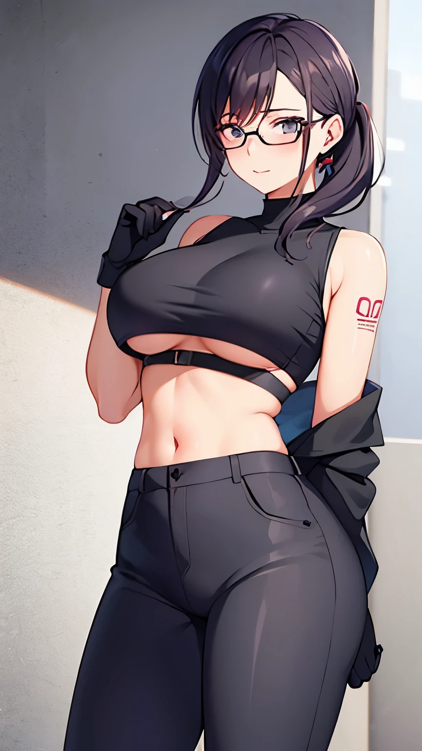 1 milf, ponytail hair, wearing crop top, shy, wearing glasses, wearing gloves, tattoos on the stomach