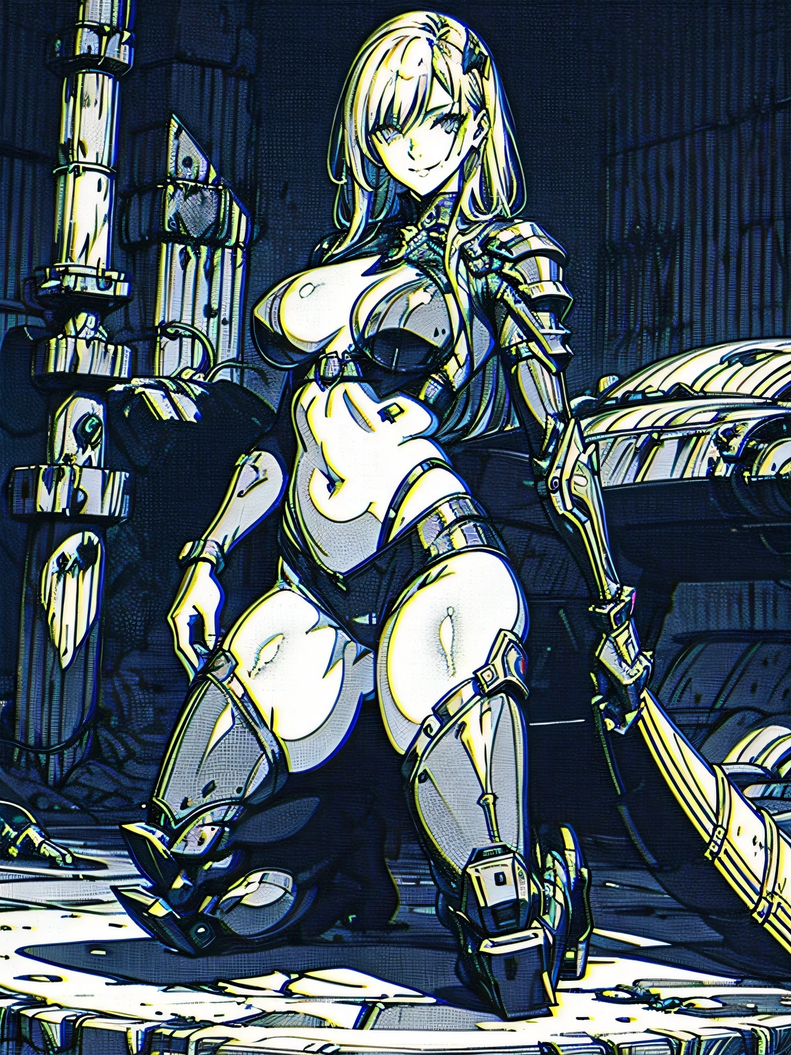 by xenotrip, monochrome, greyscale, blood, fantasy, medieval, chromatic aberration, outdoors, detailed background, night, 1girl, beautiful, solo, smiling, kneeling, (full body:1.5)