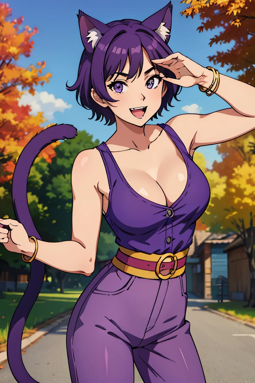 masterpiece, best quality, miria, cat ears, short hair, cleavage, purple shirt, sleeveless, sash, bracelet, purple pants, cat tail, cowboy shot, large breasts, looking at viewer, salute, smile, :D, fangs, village, autumn
