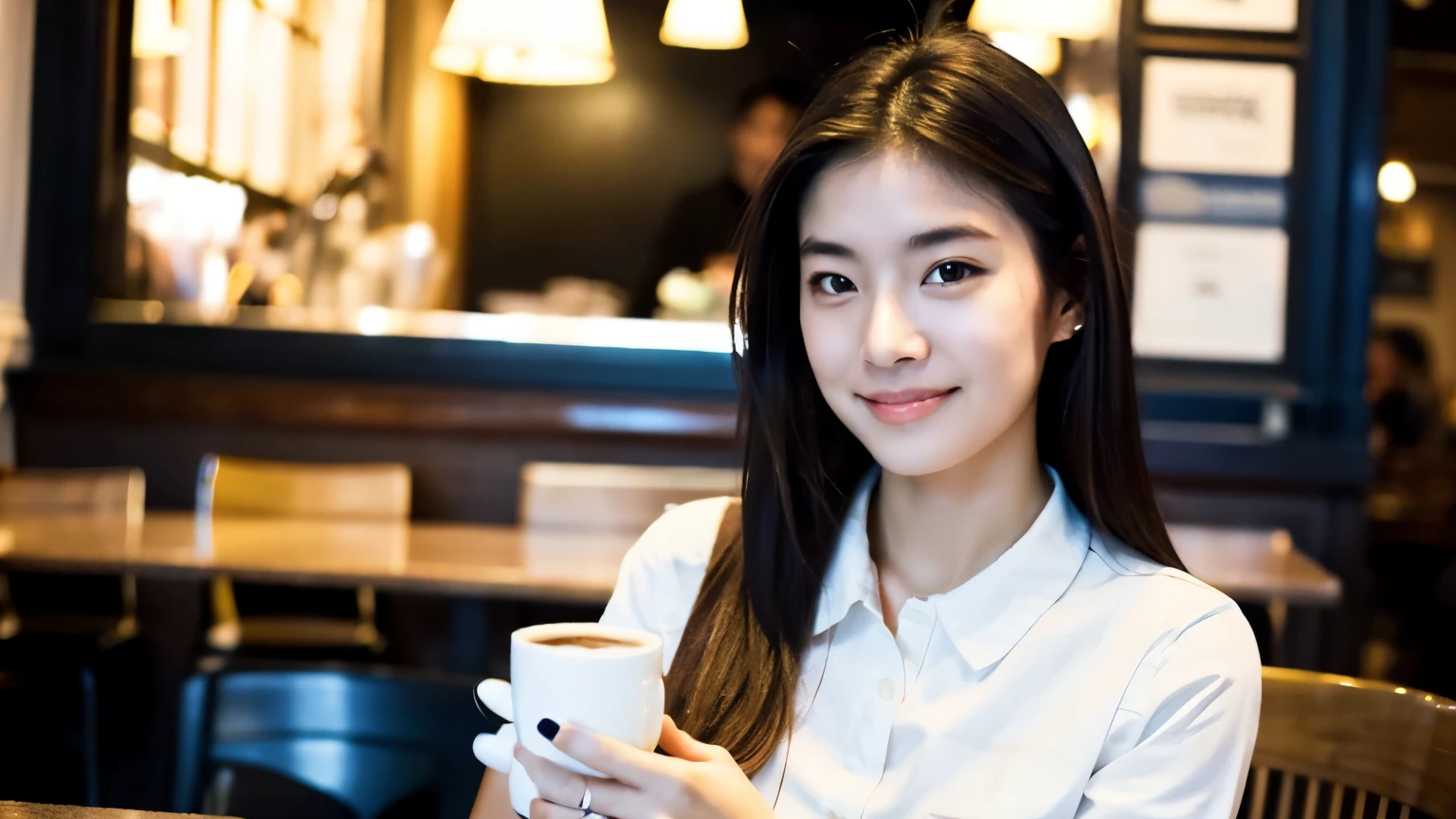 ((highest quality)), ((masterpiece)), (be familiar with), perfect face、A female college student relaxing with a latte on the table at a cafe in New York、Stylish cafe staff working in the background