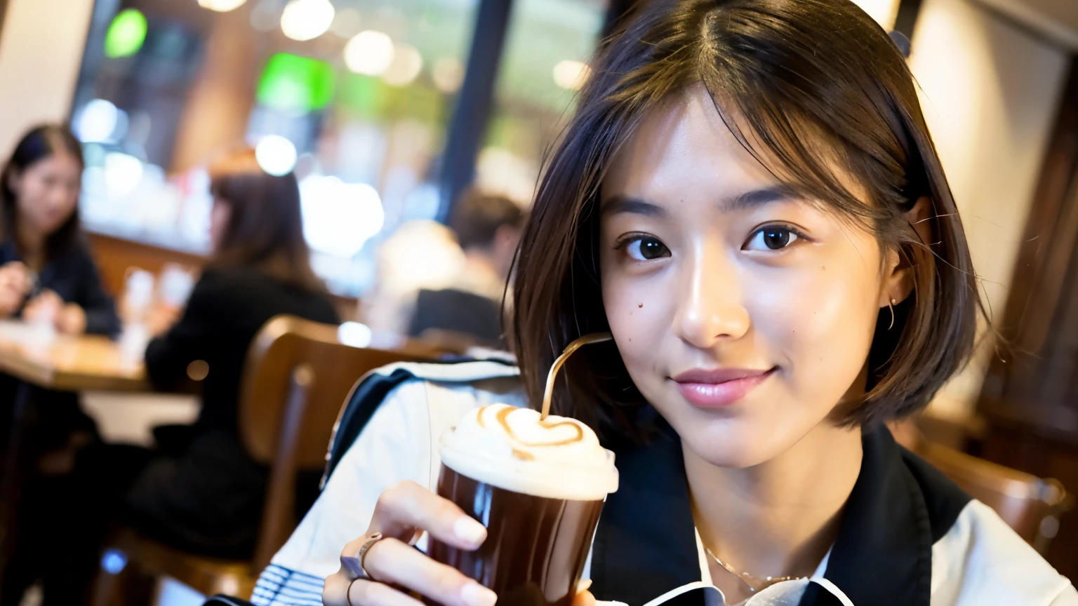 ((highest quality)), ((masterpiece)), (be familiar with), perfect face、A female college student relaxing with a latte on the table at a cafe in New York、Her hair is brown and medium short.、Stylish cafe staff working in the background