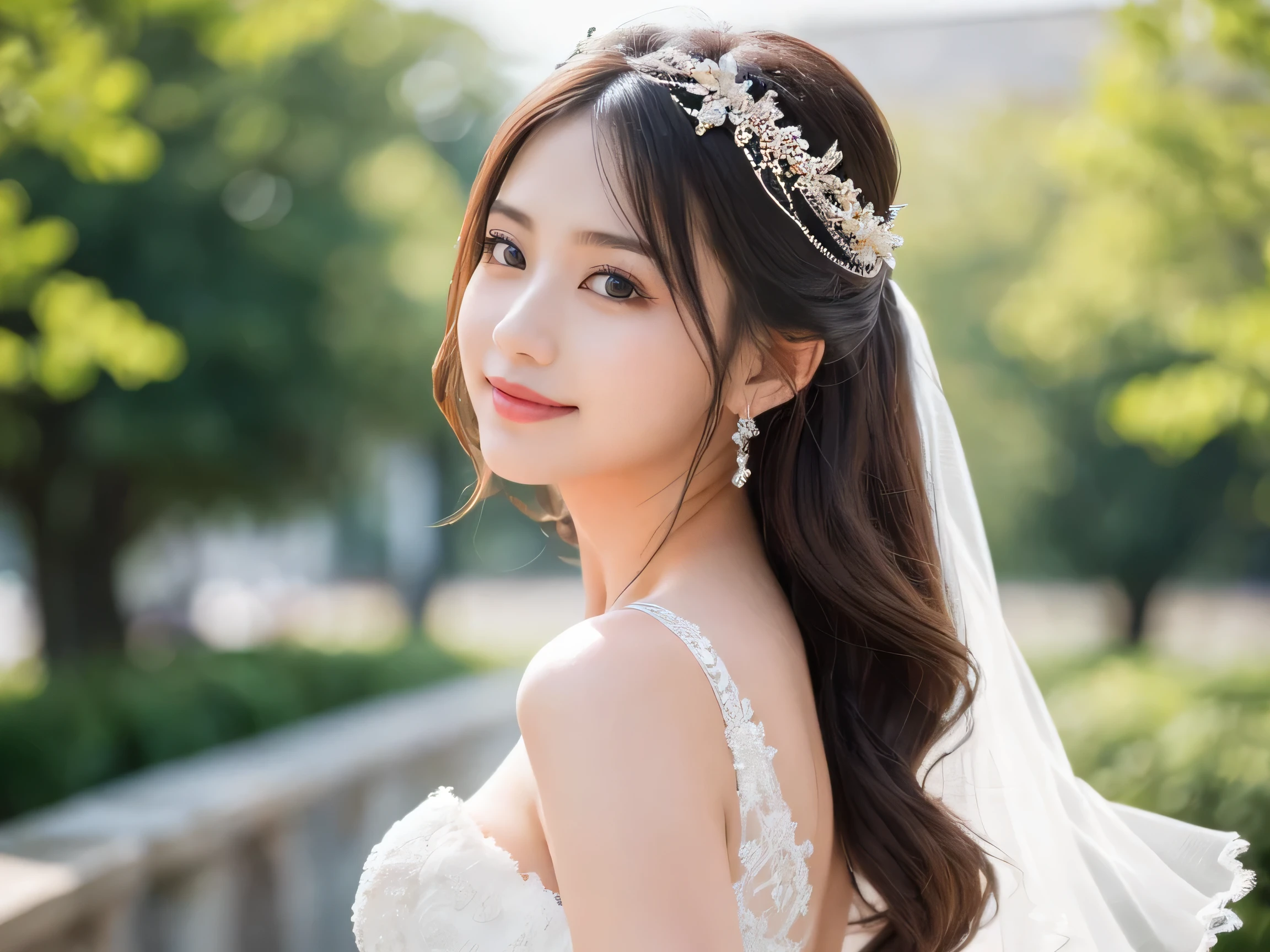 1 Japanese 18 year old female, Charming cute girl, (highest quality:1.3)、(realistic:1.15)、RAW photo, unity、8k wearing a pure white lace gorgeous Wedding dress, cleavage of slim body(Super detailedd:1.2)、(High resolution:1.2)、Super detailed, (finely:1.25)、perfect anatomy、perfect proportions ,long hair, Eyes of Happiness, (Happy face looking at the viewer), (closed mouth), slim face with small smile, highly detailed face, fine eyes, (white and beautiful skin), (Standing angle seen from the side), in white church
,Wedding dress,1 girl, A soft wind blows, floating hair (upper waist photo),<
