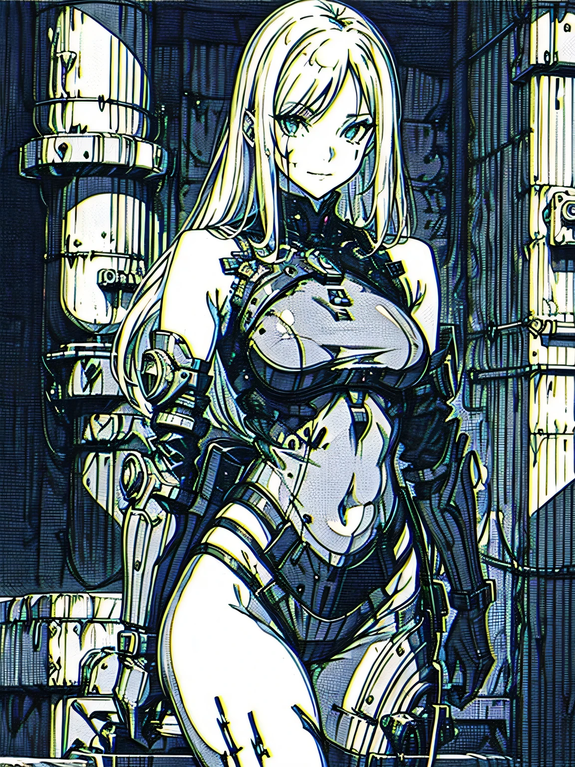 by xenotrip, monochrome, greyscale, blood, fantasy, medieval, chromatic aberration, indoors, detailed background, night, 1girl, beautiful, solo, smiling, bare shoulders, sexy,