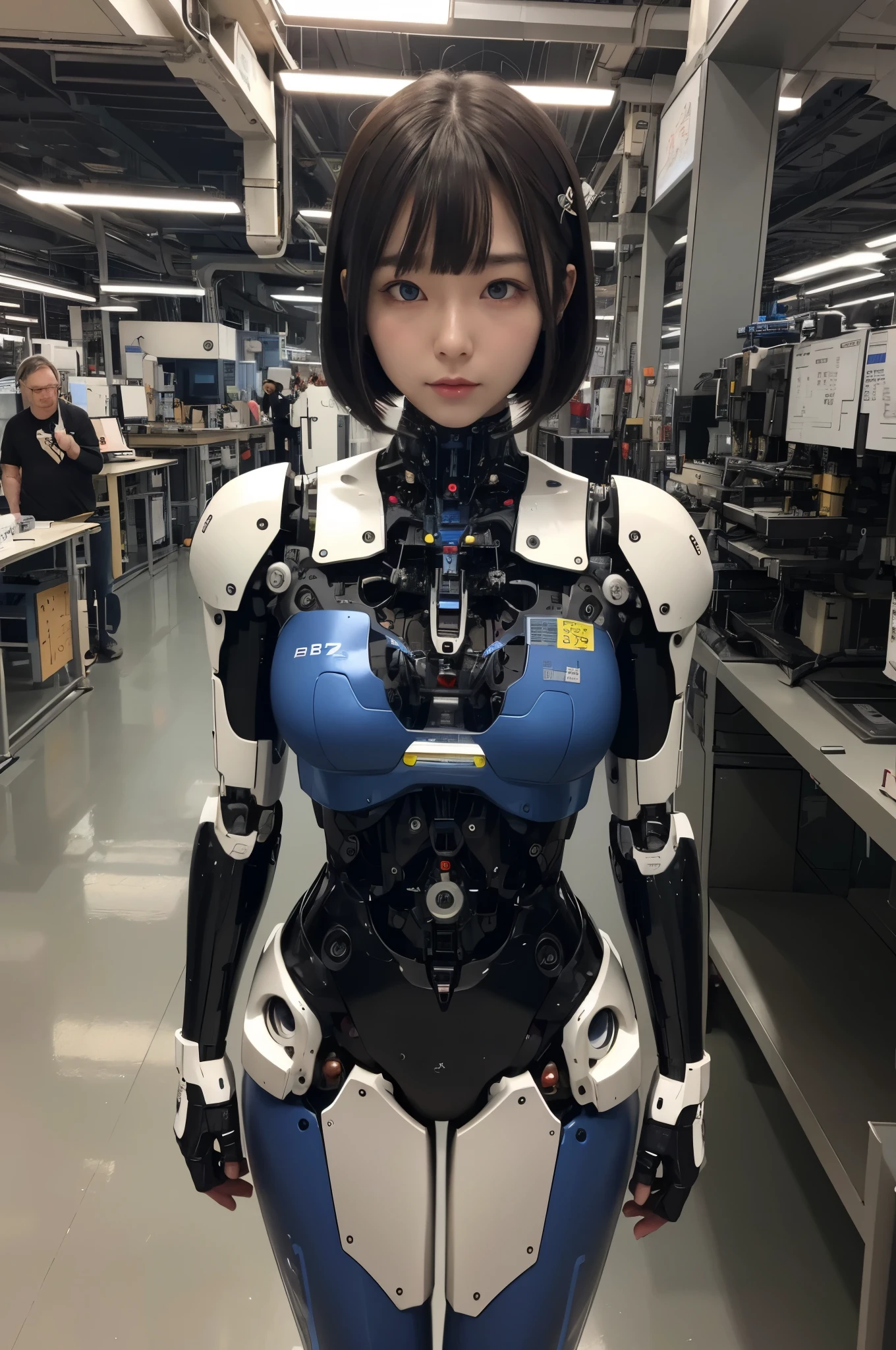 masterpiece, best quality, extremely detailed, Japaese android girl,Plump ,control panels,android,Droid,Mechanical Hand, Robot arms and legs,Blunt bangs,perfect robot girl,long tube,thick cable connected her neck,android,robot,humanoid,cyborg,japanese cyborg girl ,robot-assembly plant,She has assembled now,assembly scene,chest monitor,blue eyes