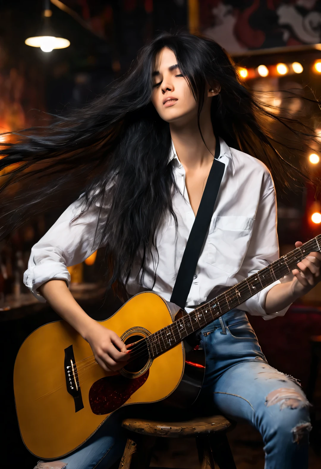 A beautiful girl plays the guitar crazily，Messy extra long black hair，White shirt，jeans，sit on a high stool，fender guitar，（There is a stick of incense between the strings：0.65），Background night bar