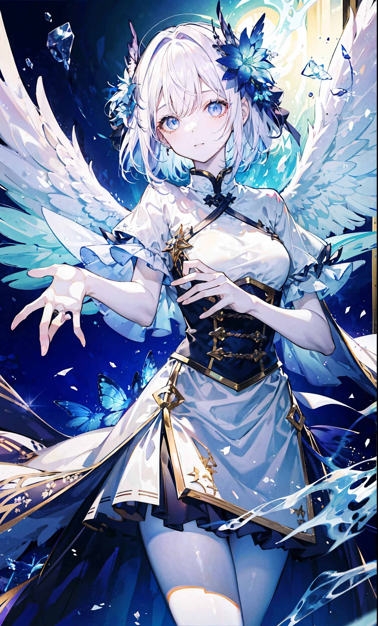The angel is depicted with a pale and glowing color.、It has heterochromatic eyes.、Its skin seems to radiate an otherworldly glow。he、Symbol of divine nature、Decorated with a pair of shining beautiful wings。This scene is really fantastic and fascinating.、它捕捉了這些天體的美麗和mystery。godlike angel、pale、glow、color、shine、out of this world、brilliance、shine、beautiful、wingspan、sanctity、beautiful、charming、a beauty、mystery。