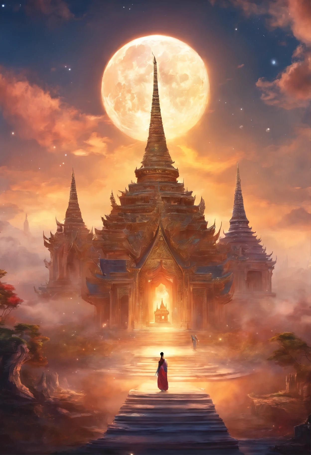 Thailand giant art standing on white carpet The sky has a big moon The atmosphere of the picture is beautiful like heaven.
