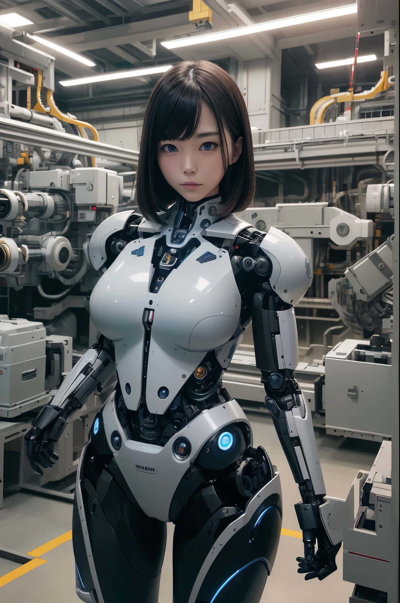 masterpiece, best quality, extremely detailed, Japaese android girl,Plump ,control panels,android,Droid,Mechanical Hand, Robot arms and legs,Blunt bangs,perfect robot girl,long tube,thick cable connected her neck,android,robot,humanoid,cyborg,japanese cyborg girl ,robot-assembly plant,She has assembled now,assembly scene,chest monitor,blue eyes
