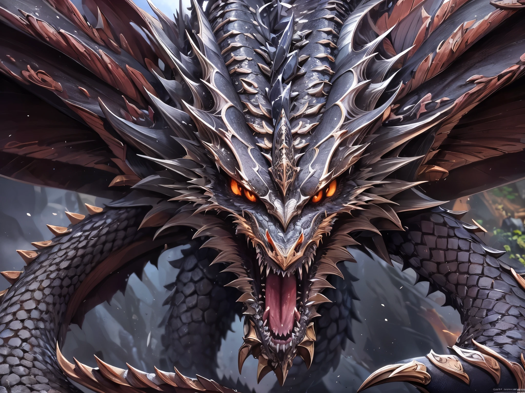 ((highest quality)),(ultra high resolution),(Super detailed),(detailed description),((best CG)),(best work of art),super precision art,amazing drawing art,(Art with precise details:1.5), The dragon's skin is covered with glittering black scales, and its back has large, sharp spines that shoot out lightning.。The powerful flapping of its wings easily knocks down vulnerable things.。