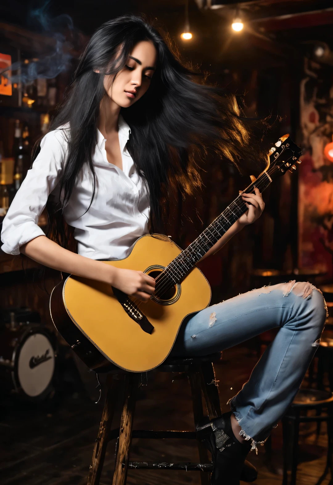 A beautiful girl plays the guitar crazily,Messy extra long black hair,White shirt,jeans,sit on a high stool,fender guitar,(There is a stick of incense between the strings:0.65),Background night bar