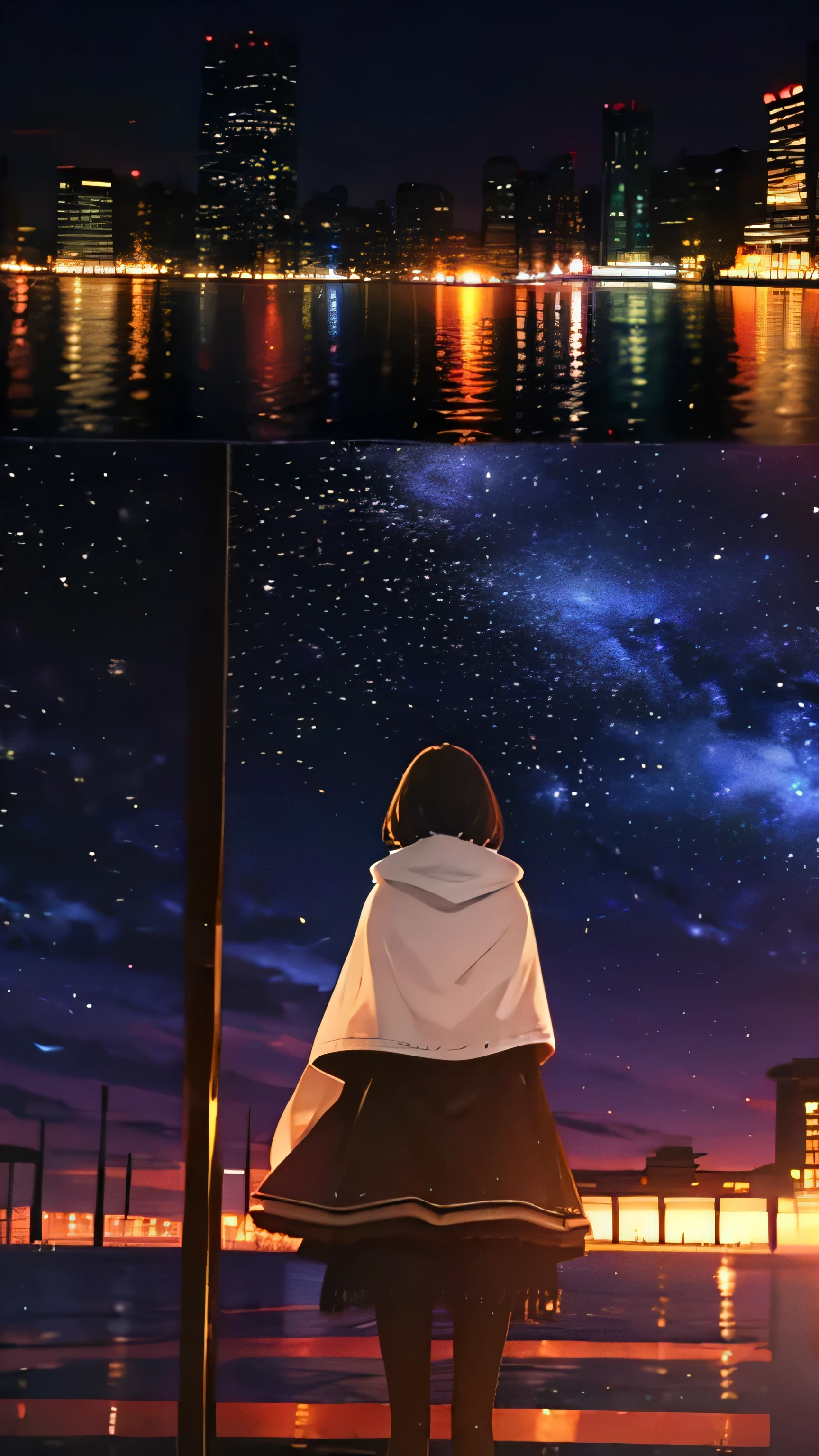 {Masterpiece}, {Top quality}, 1girl, sit, night city, moon, lake, stars