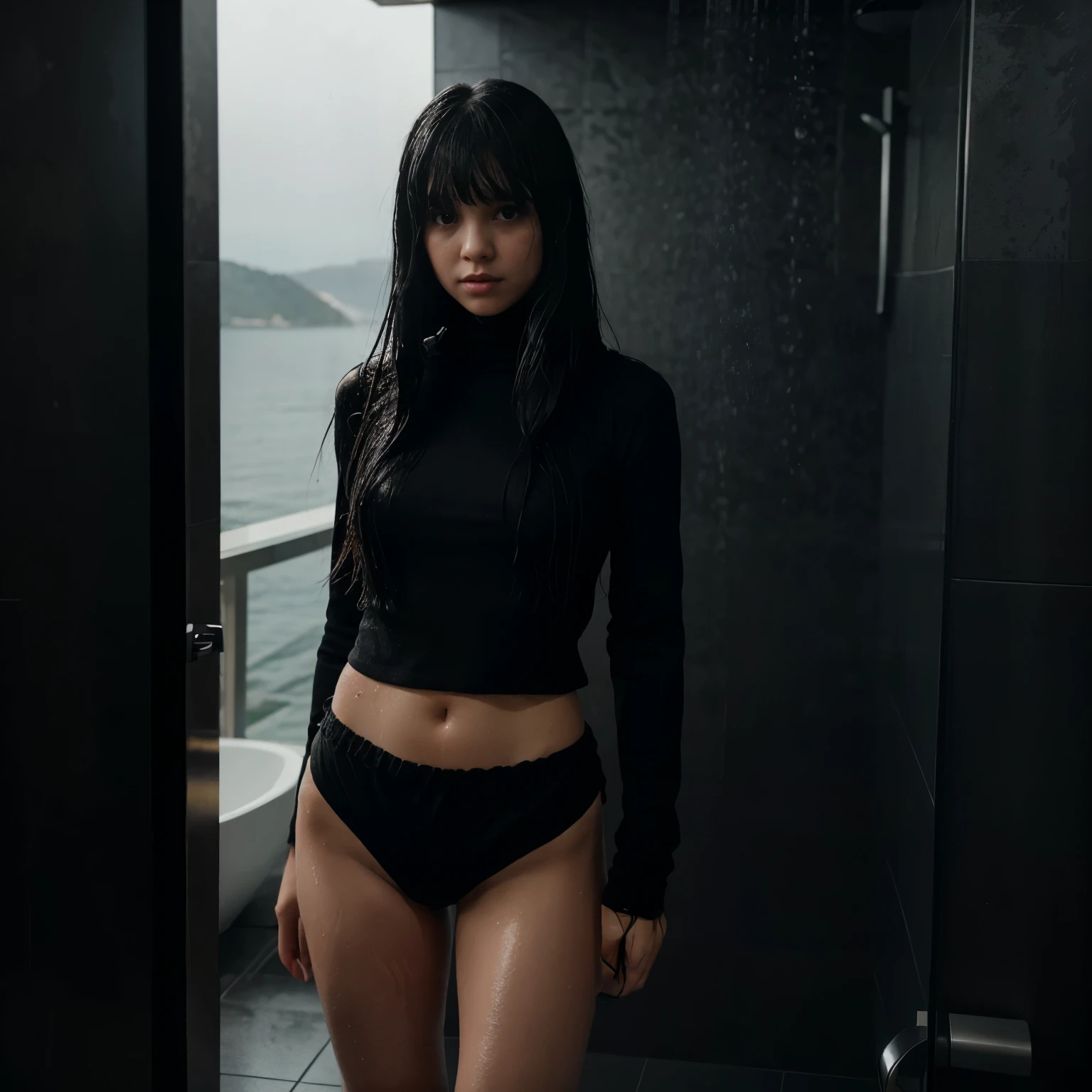 girl all wet with black long hair with bangs wearing a black turtleneck and black shorts Under the shower showering in a black modern bathroom inside a modern mansion with a view of the ocean on a foggy morning, dark luxury Aesthetic