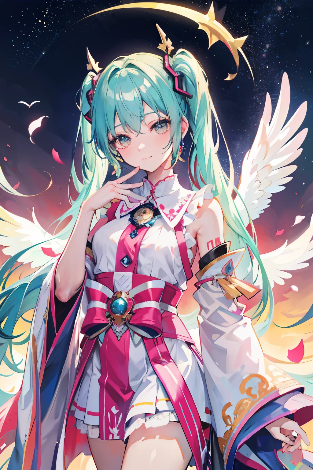 In this digitally painted masterpiece, August's serene guardian deity comes to life as a beautiful girl resembling Hatsune Miku, partly transformed into an ethereal angel. With a tranquil and radiant smile gracing her face, she embodies the grace and peace of August. The art is created with a 2:3 aspect ratio and a high definition resolution of 5120 x 3840 pixels (8K), ensuring every intricate detail is visible.
The scene is set against the backdrop of a soft, pastel sunset with vibrant colors of pink and orange hues spreading across the sky. The lighting is gentle yet illuminating,