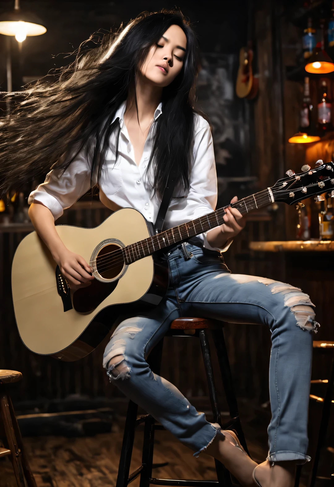 A beautiful girl plays the guitar crazily,Messy extra long black hair,White shirt,jeans,sit on a high stool,fender guitar,Dynamic Guitar Playing Actions,(There is a stick of incense between the strings:0.65),Background night bar