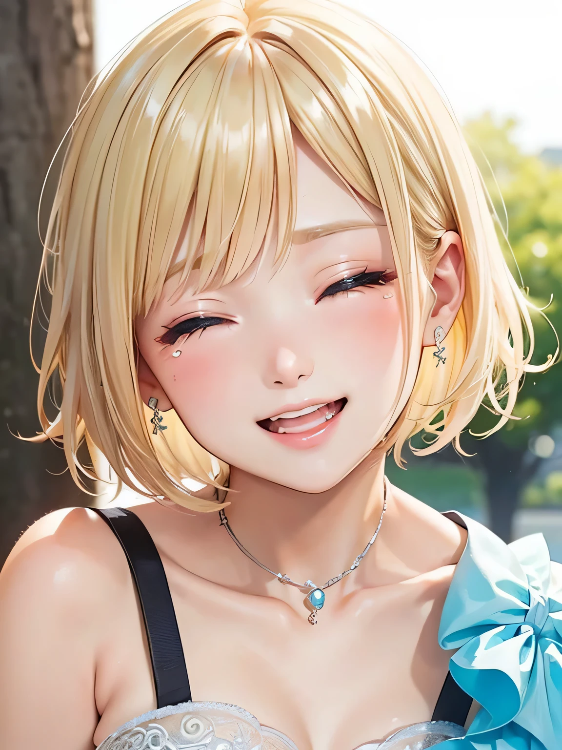 close up of face、smile、blonde、short hair、girl1、close ~ eye、Open your mouth and laugh out loud、tears、prom dress