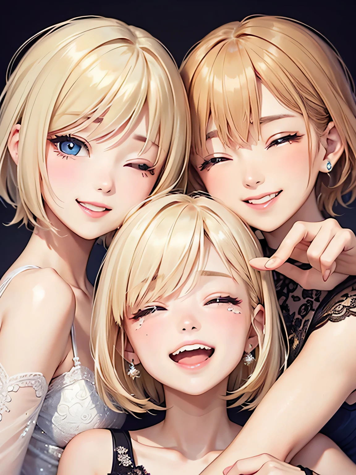 close up of face、smile、blonde、short hair、girl1、close ~ eye、Open your mouth and laugh out loud、tears、prom dress