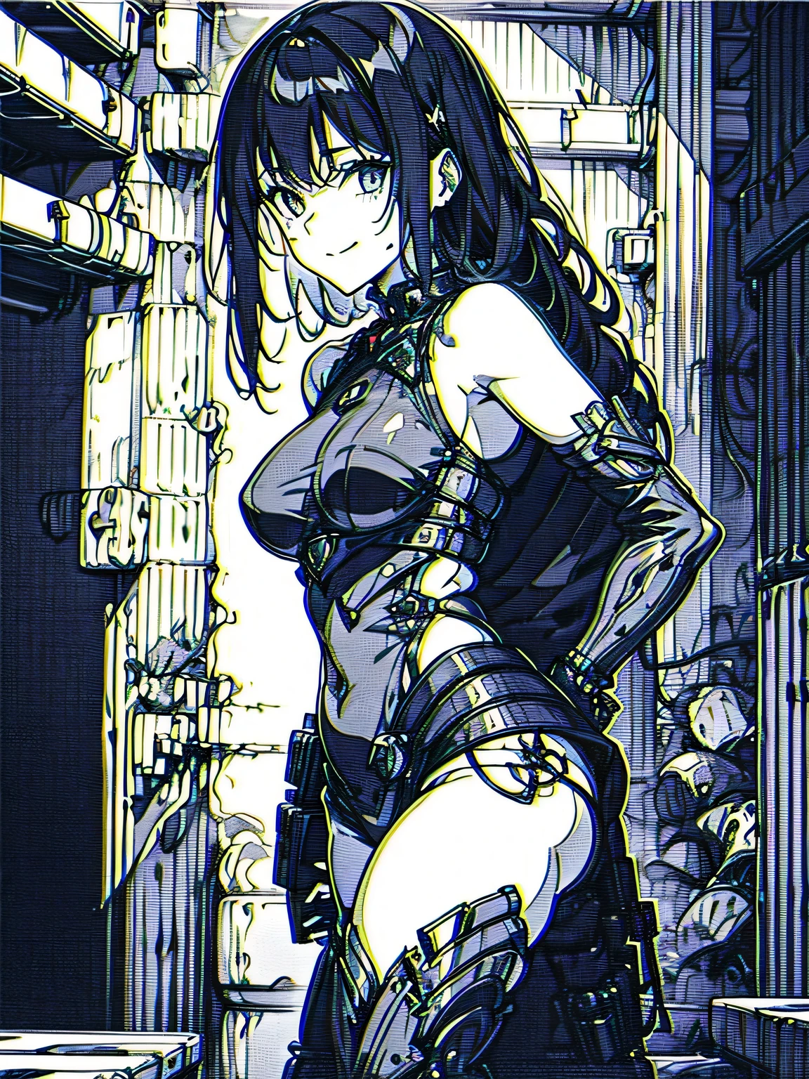 monochrome, greyscale, blood, fantasy, medieval, chromatic aberration, indoors, detailed background, night, 1girl, beautiful, solo, smiling, bare shoulders, sexy pose,